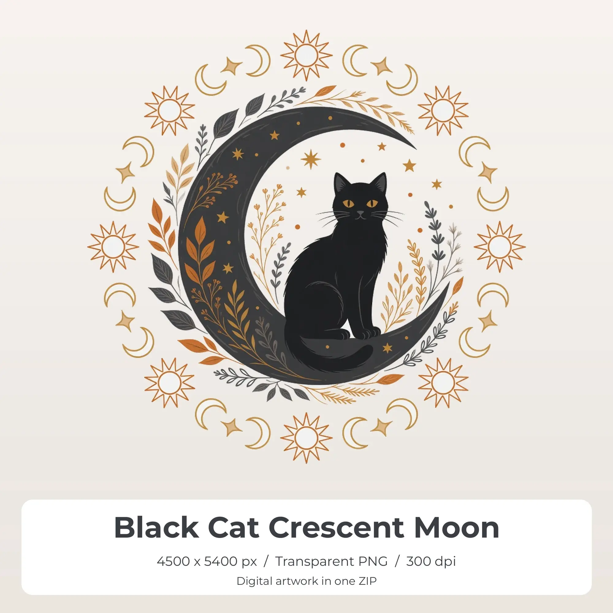 Black Cat Crescent Moon PNG - Shirt Sublimation Design preview