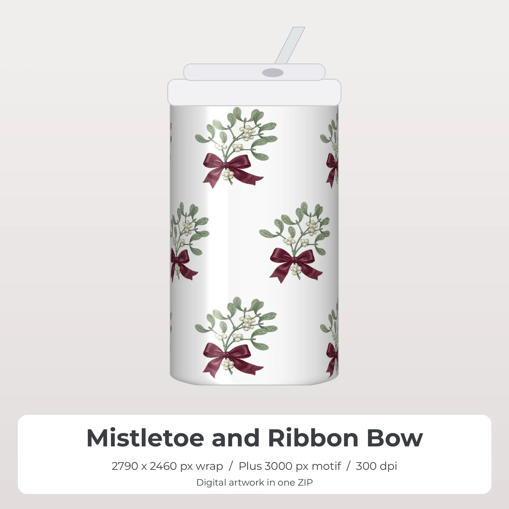 Mistletoe and Ribbon Bow Tumbler Wrap Design - Seamless PNG preview