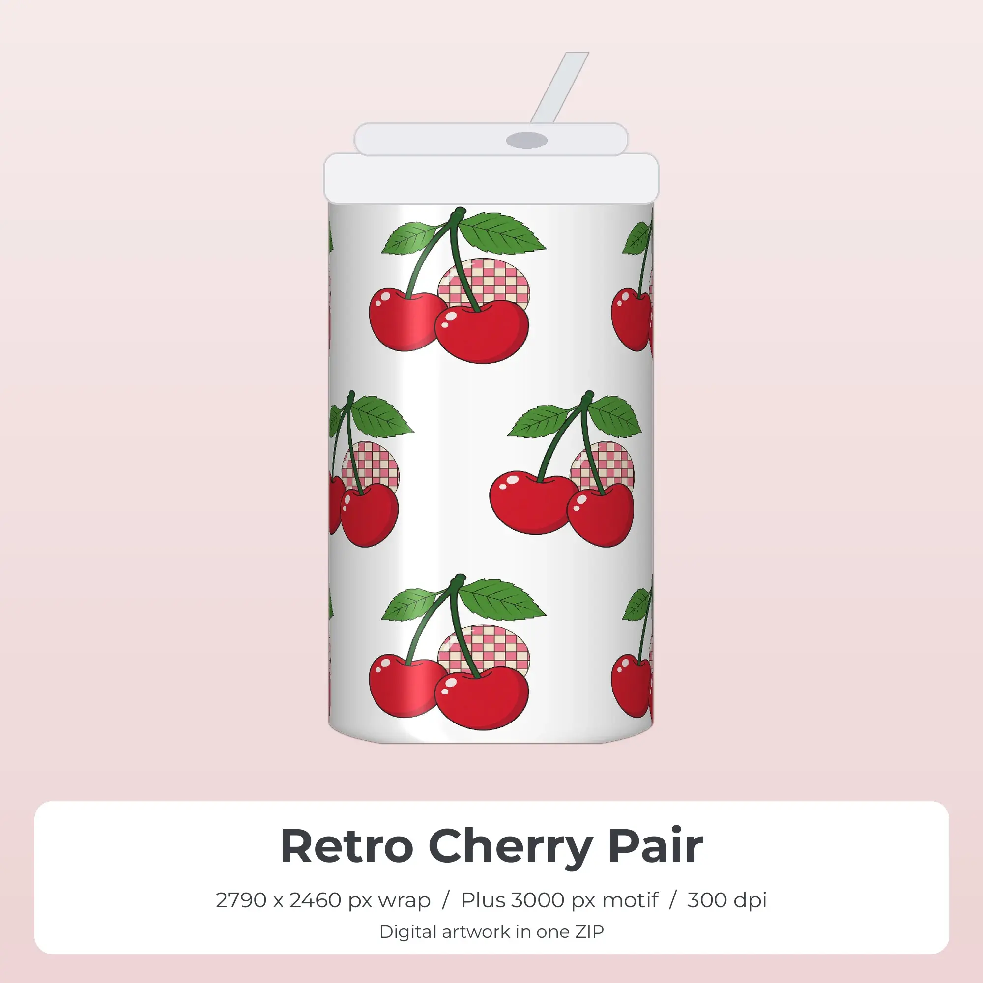 Retro Cherry Pair 20oz Tumbler Sublimation Wrap PNG preview