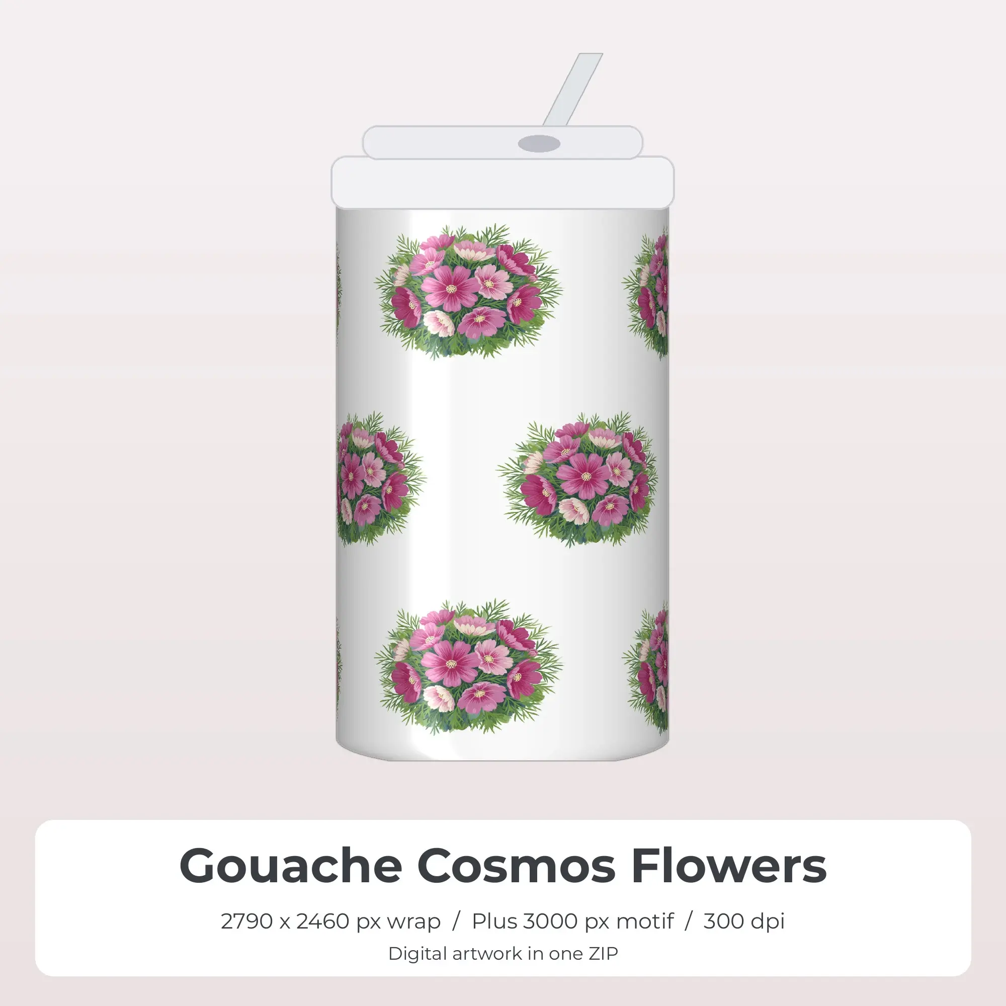 Gouache Cosmos Flowers Sublimation Tumbler Wrap PNG preview
