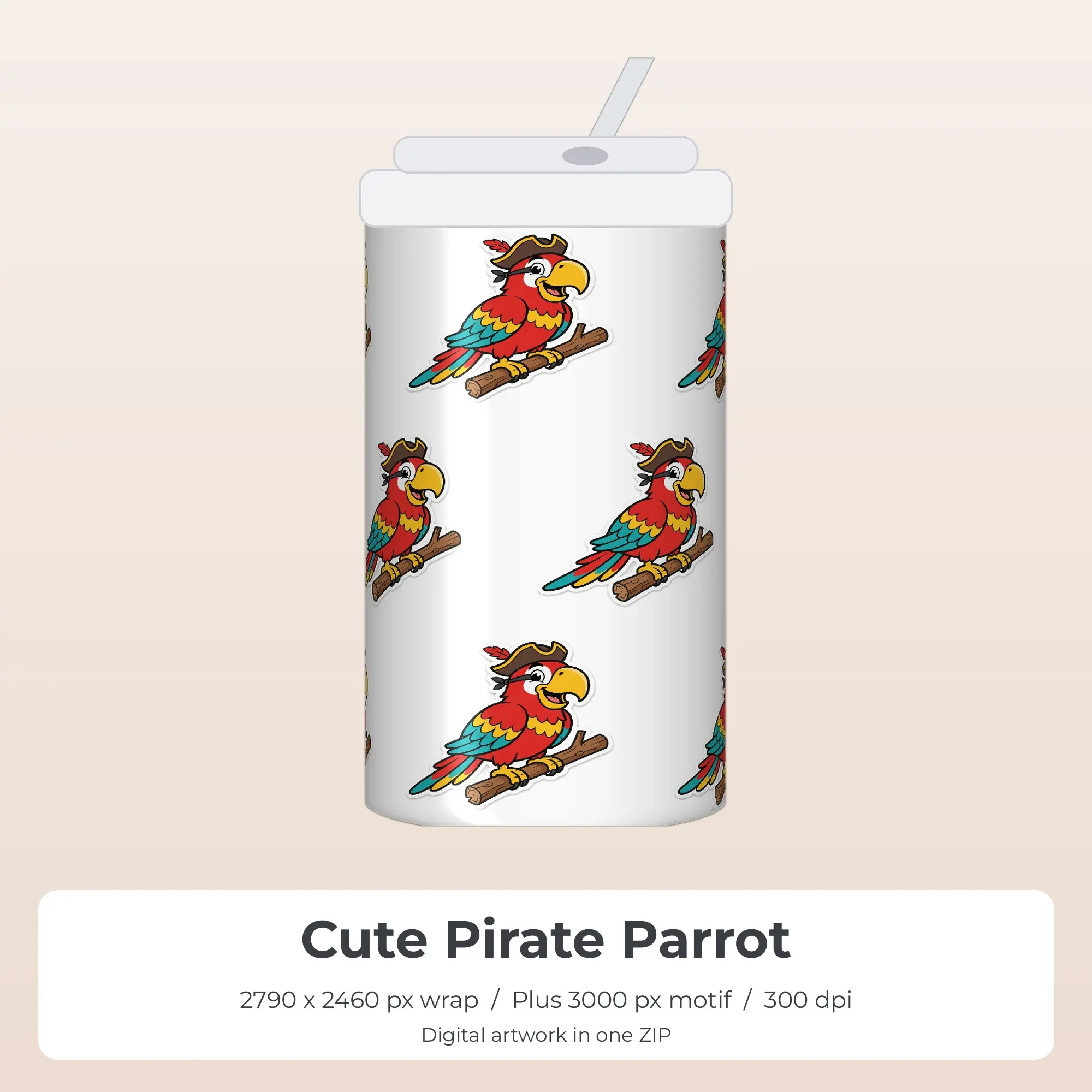 Cute Pirate Parrot Tumbler Wrap PNG, 20oz Sublimation preview