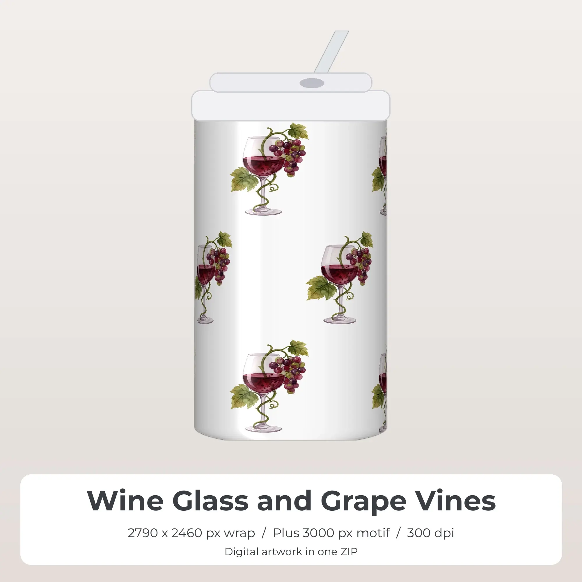 Wine Glass and Grape Vines Tumbler Wrap Design - Seamless PNG preview