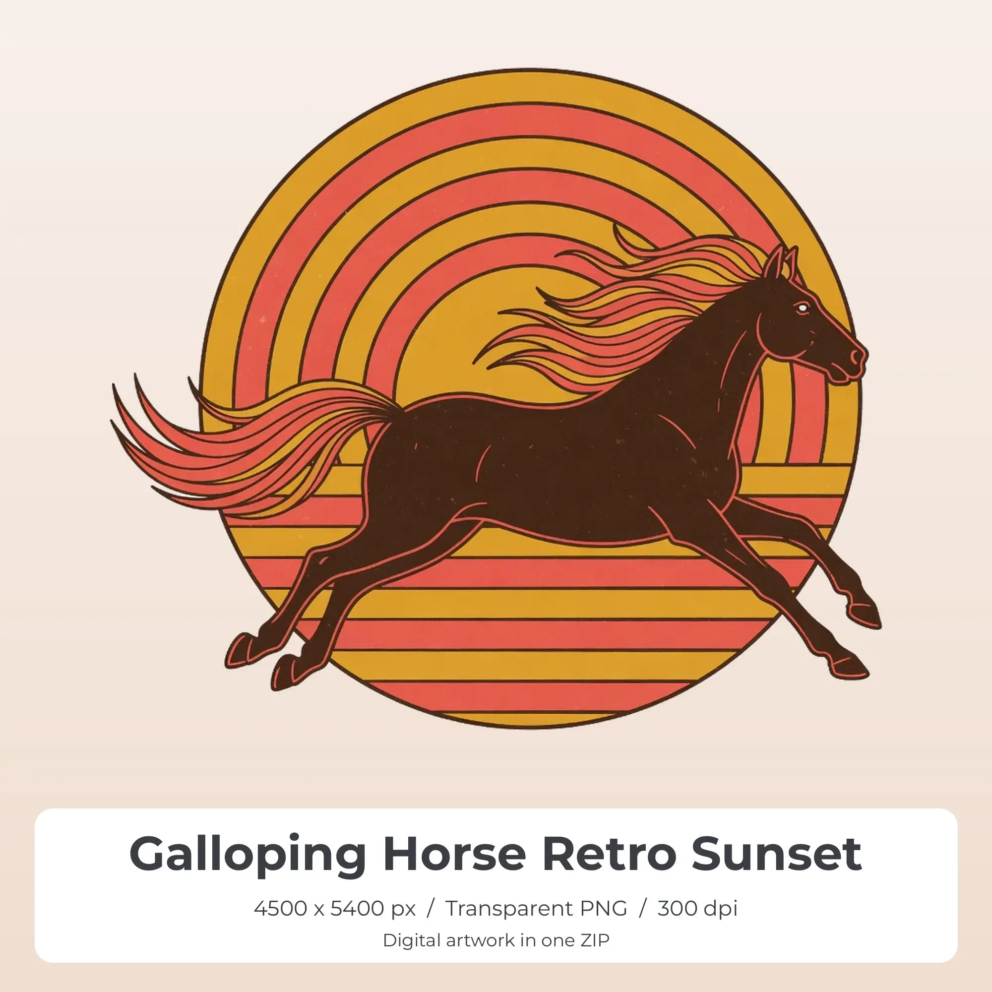 Galloping Horse Retro Sunset T-Shirt Design PNG, Sublimation Ready preview