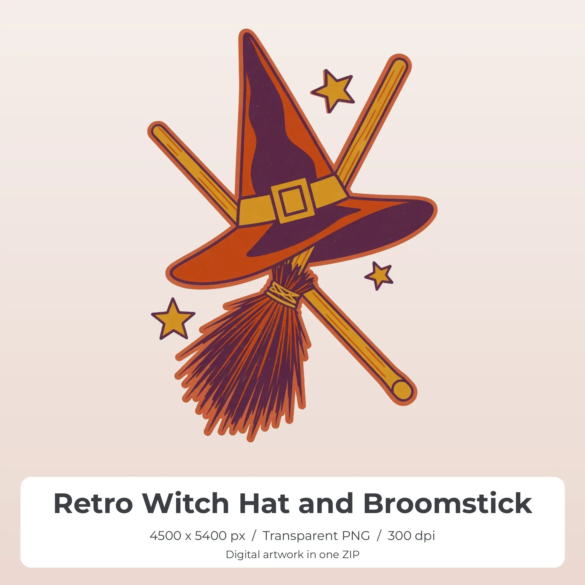 Retro Witch Hat and Broomstick PNG - Shirt Sublimation Design preview