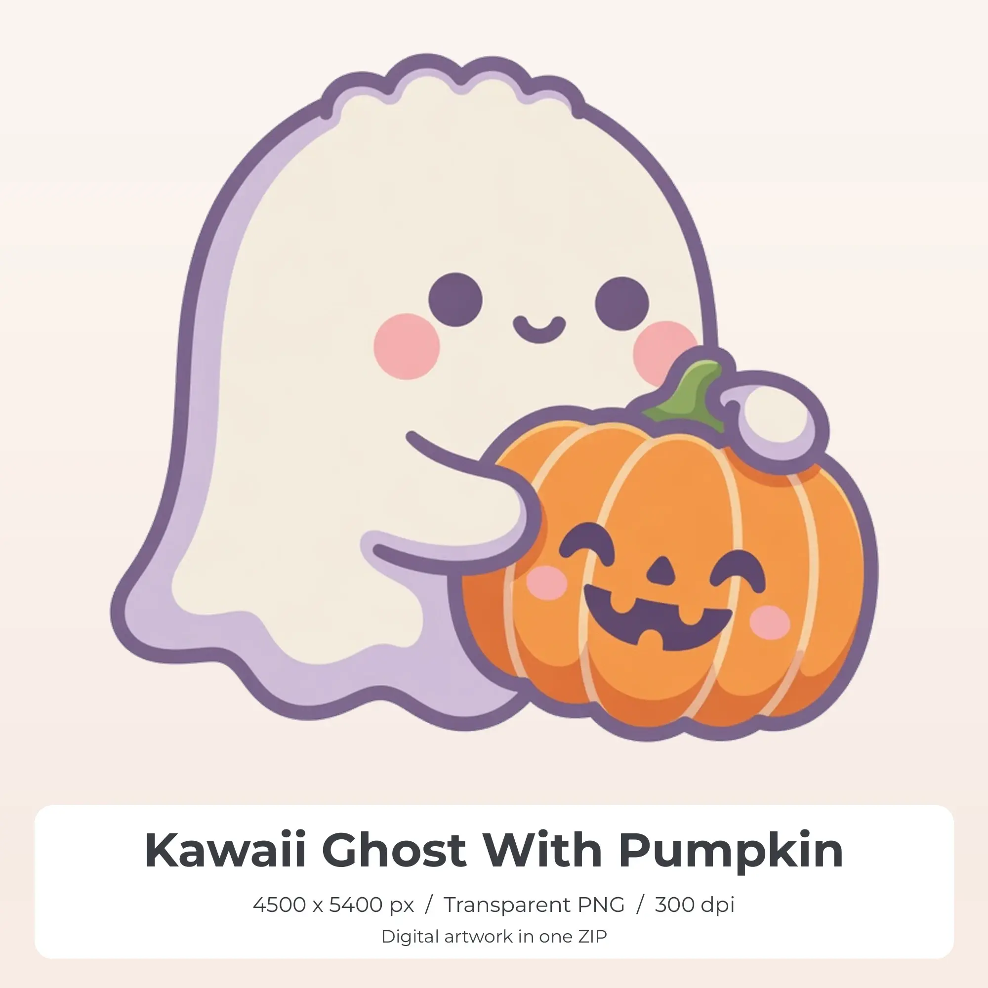Kawaii Ghost With Pumpkin Sublimation Transfer PNG, 4500x5400 preview