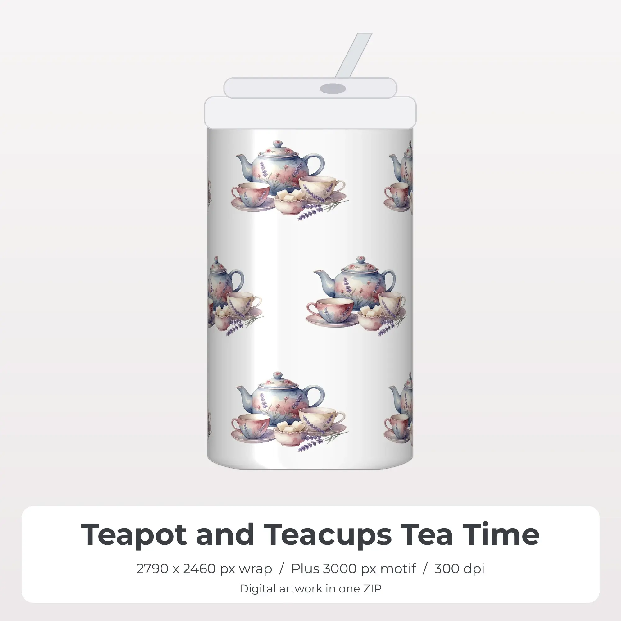 Teapot and Teacups Tea Time Tumbler Wrap PNG, 20oz Sublimation preview