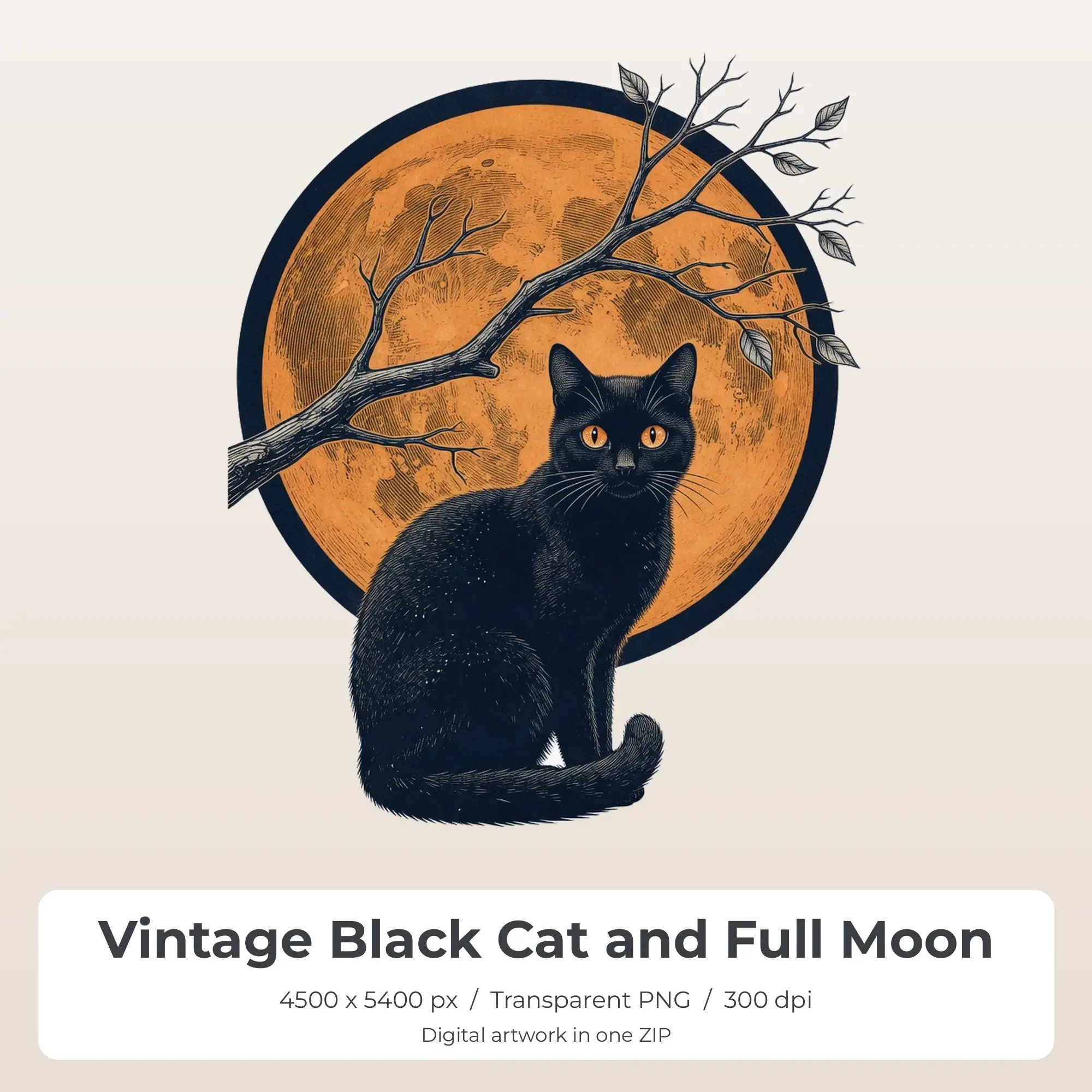Vintage Black Cat and Full Moon Sublimation Transfer PNG, 4500x5400 preview