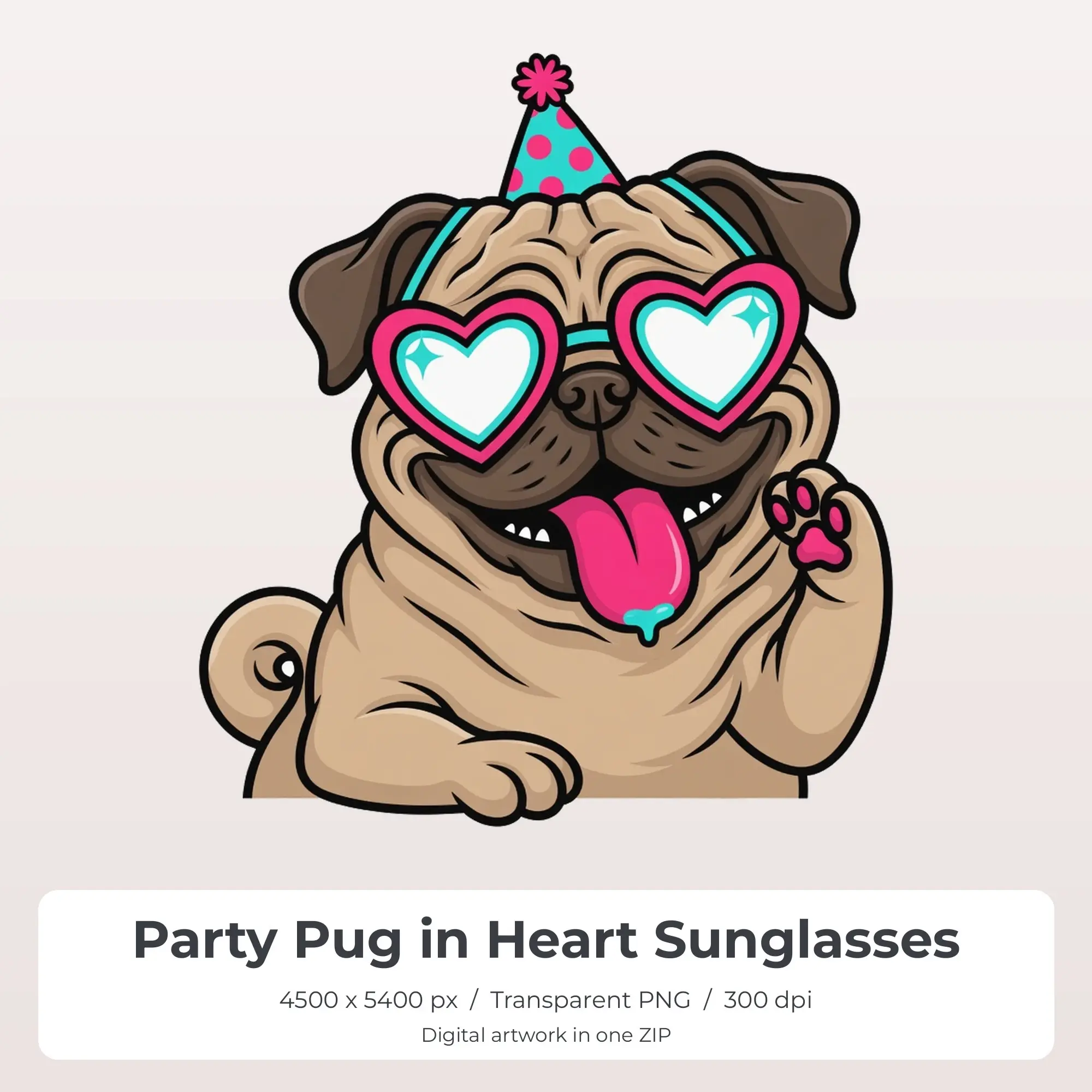 Party Pug in Heart Sunglasses Sublimation Design PNG for Shirts preview