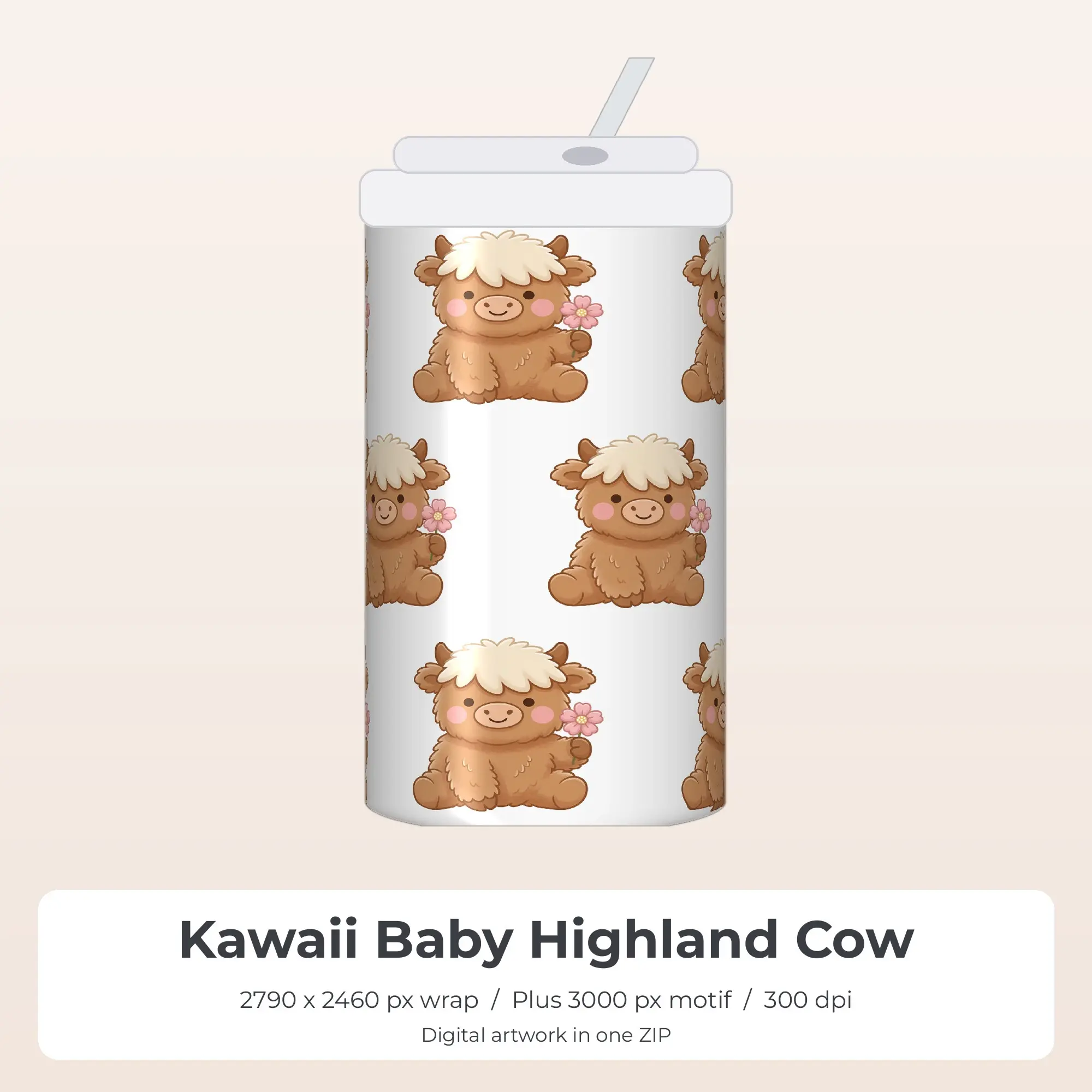 Kawaii Baby Highland Cow Tumbler PNG, Sublimation Wrap Design, preview 1 of 2