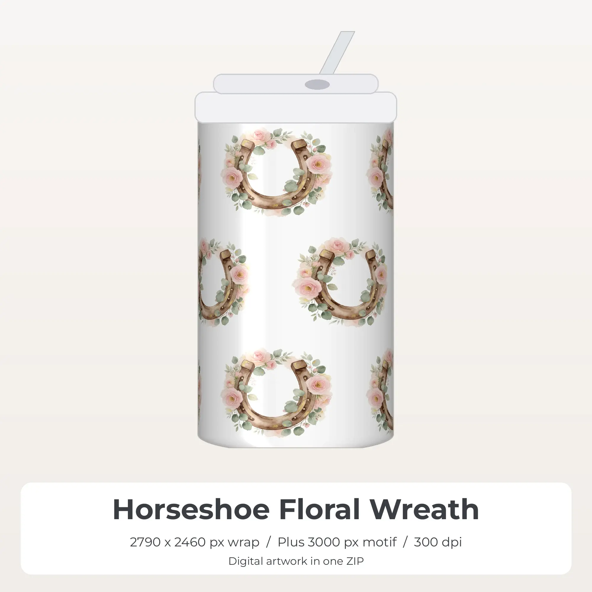 Horseshoe Floral Wreath 20oz Tumbler Sublimation Wrap PNG preview