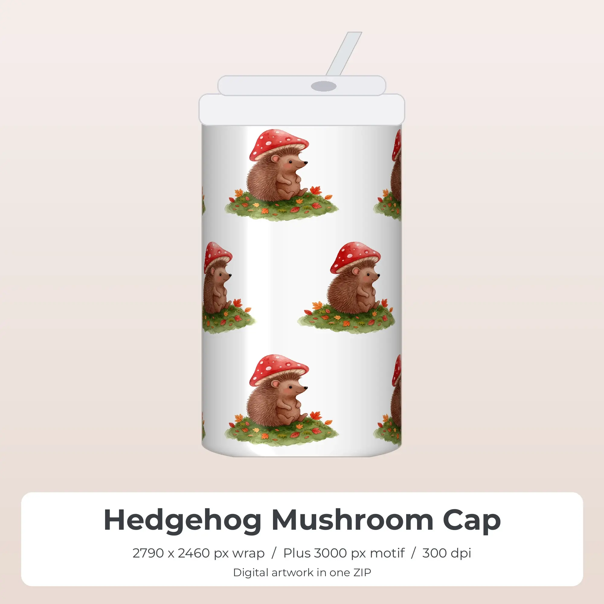 Hedgehog Mushroom Cap Tumbler Wrap PNG, 20oz Sublimation preview