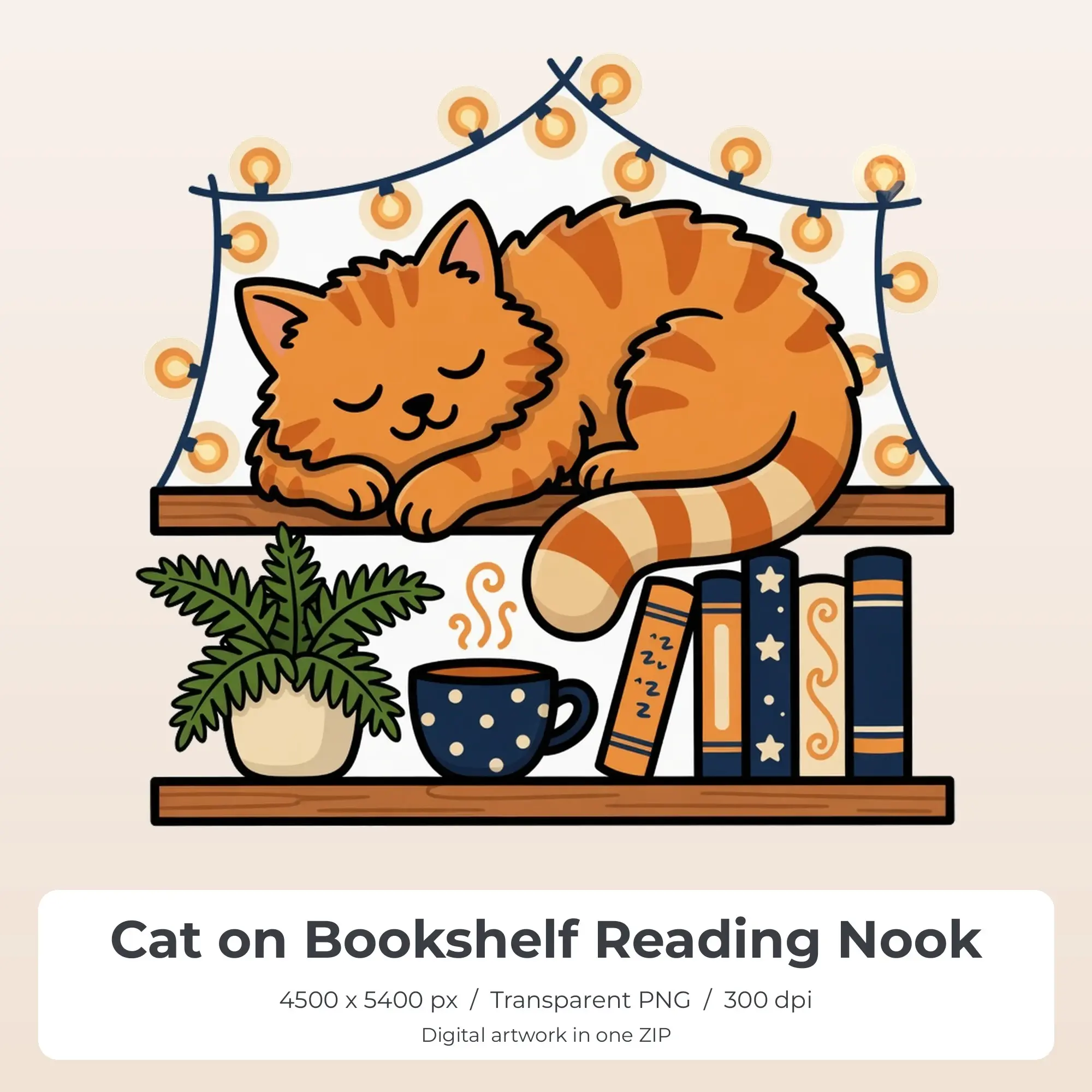 Cat on Bookshelf Reading Nook T-Shirt Design PNG, Sublimation Ready preview