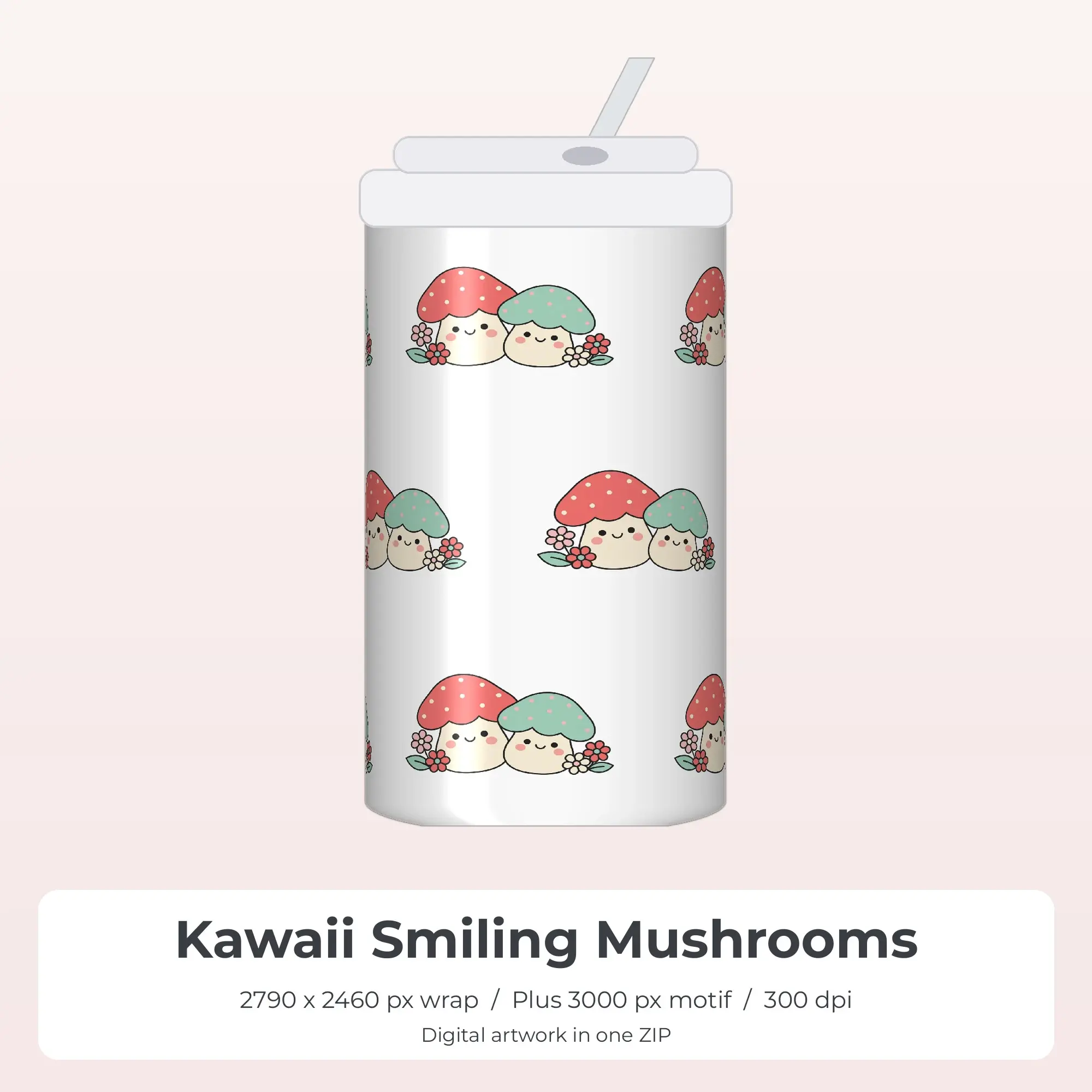 Kawaii Smiling Mushrooms 20oz Tumbler Sublimation Wrap PNG preview