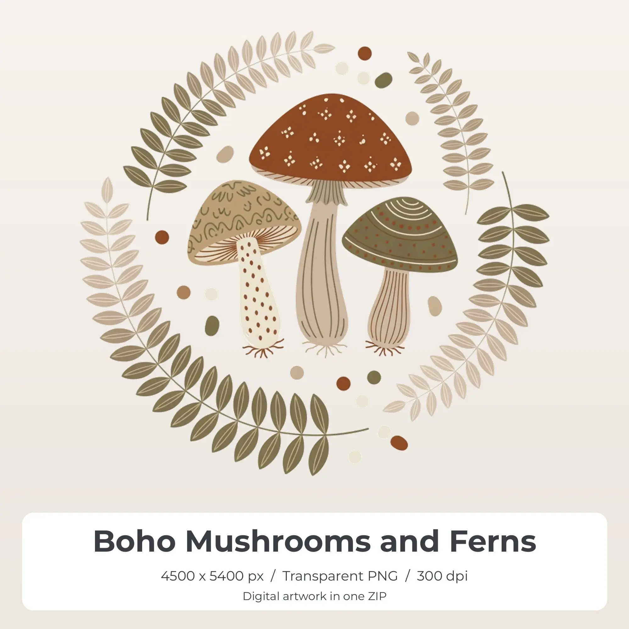 Boho Mushrooms and Ferns Sublimation Design PNG for Shirts preview