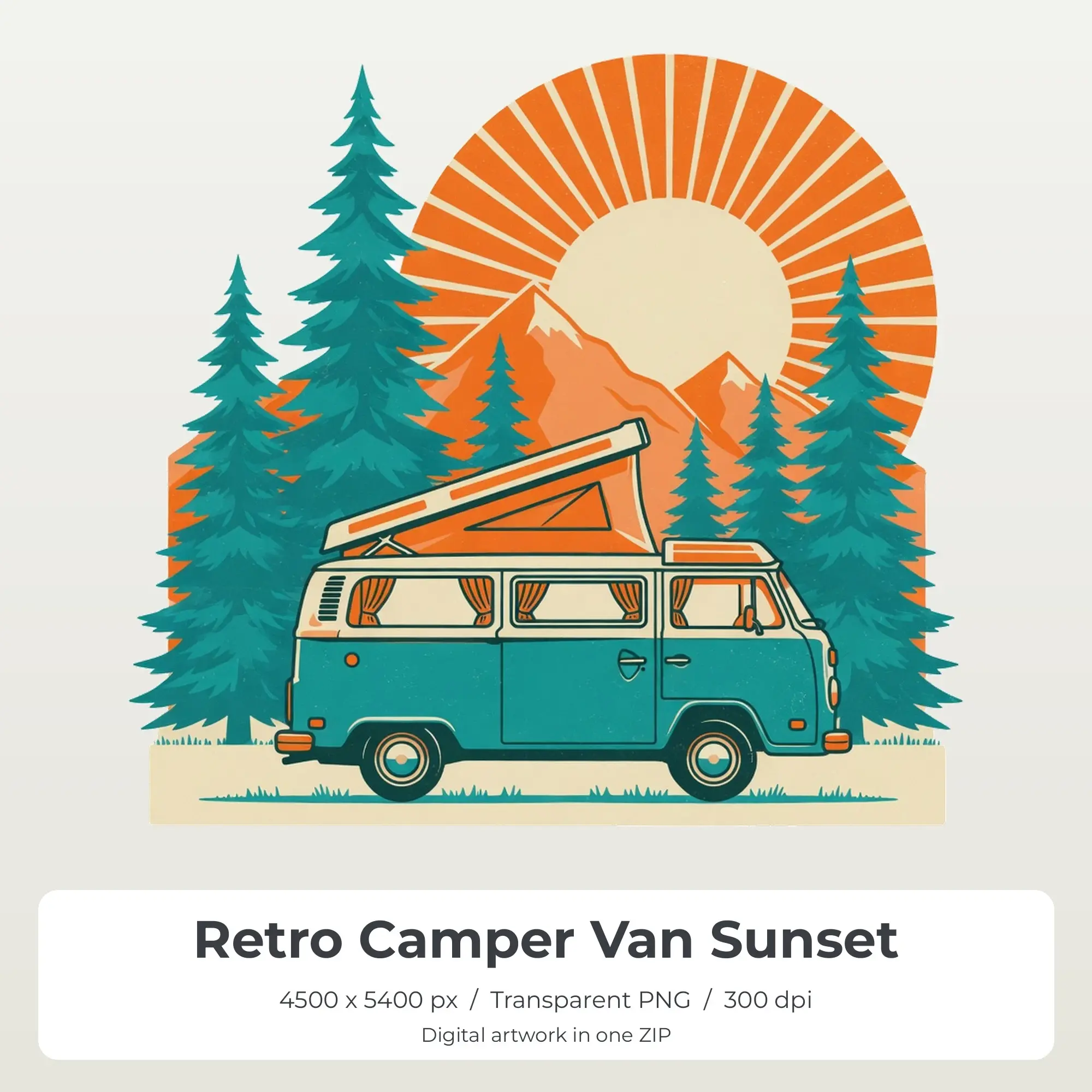 Retro Camper Van Sunset T-Shirt Design PNG, Sublimation Ready preview