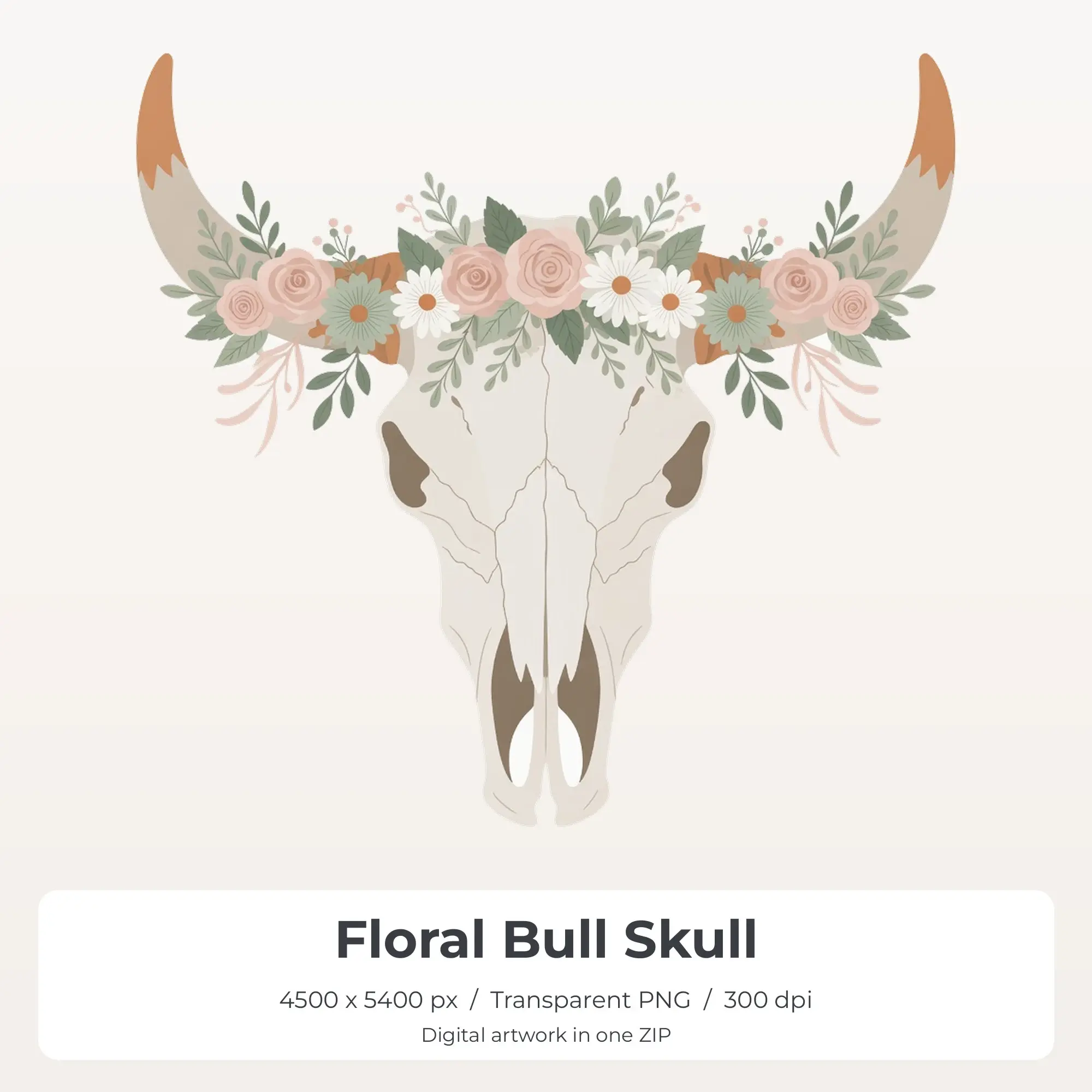Floral Bull Skull Sublimation Transfer PNG, 4500x5400 preview