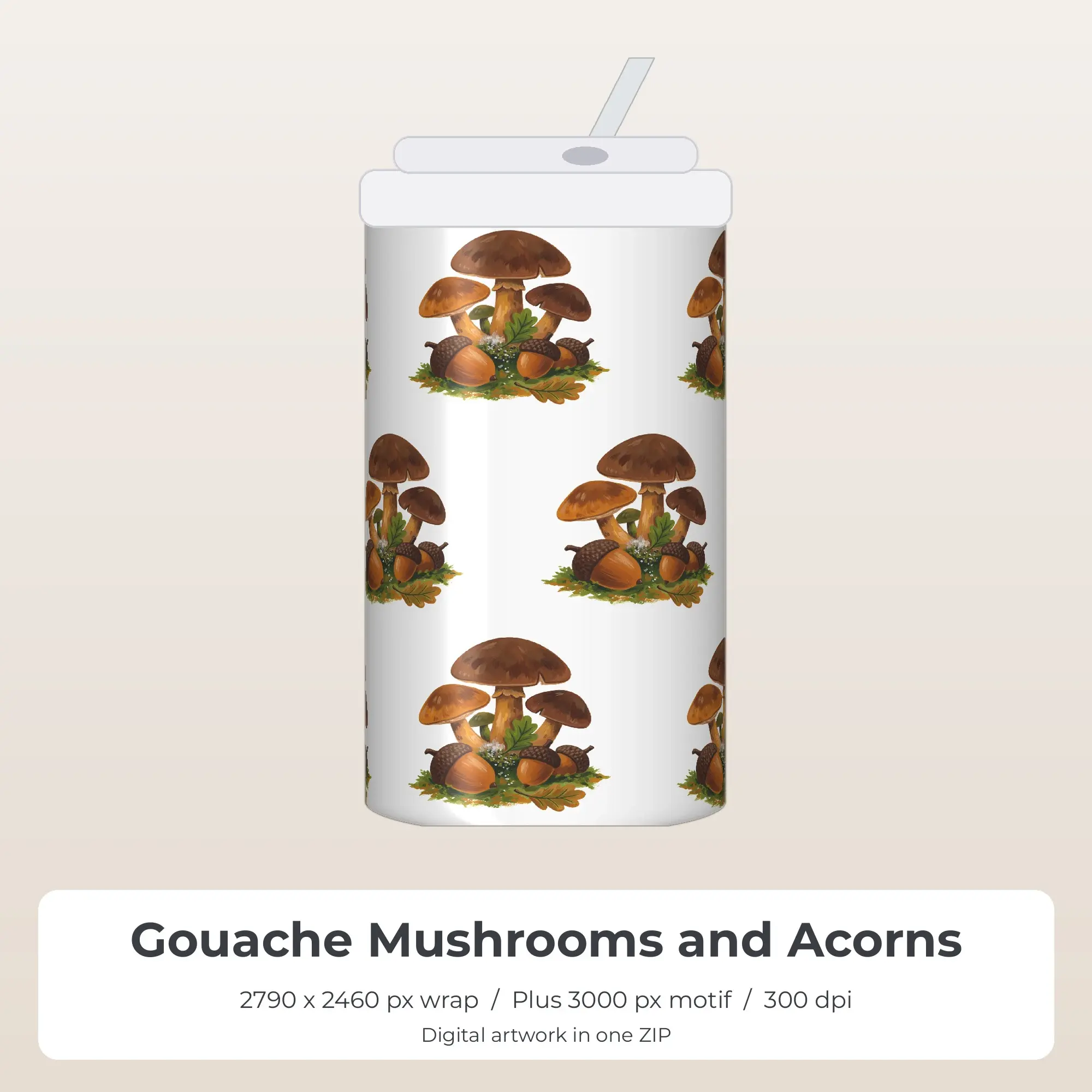 Gouache Mushrooms and Acorns Tumbler PNG, Sublimation Wrap Design preview