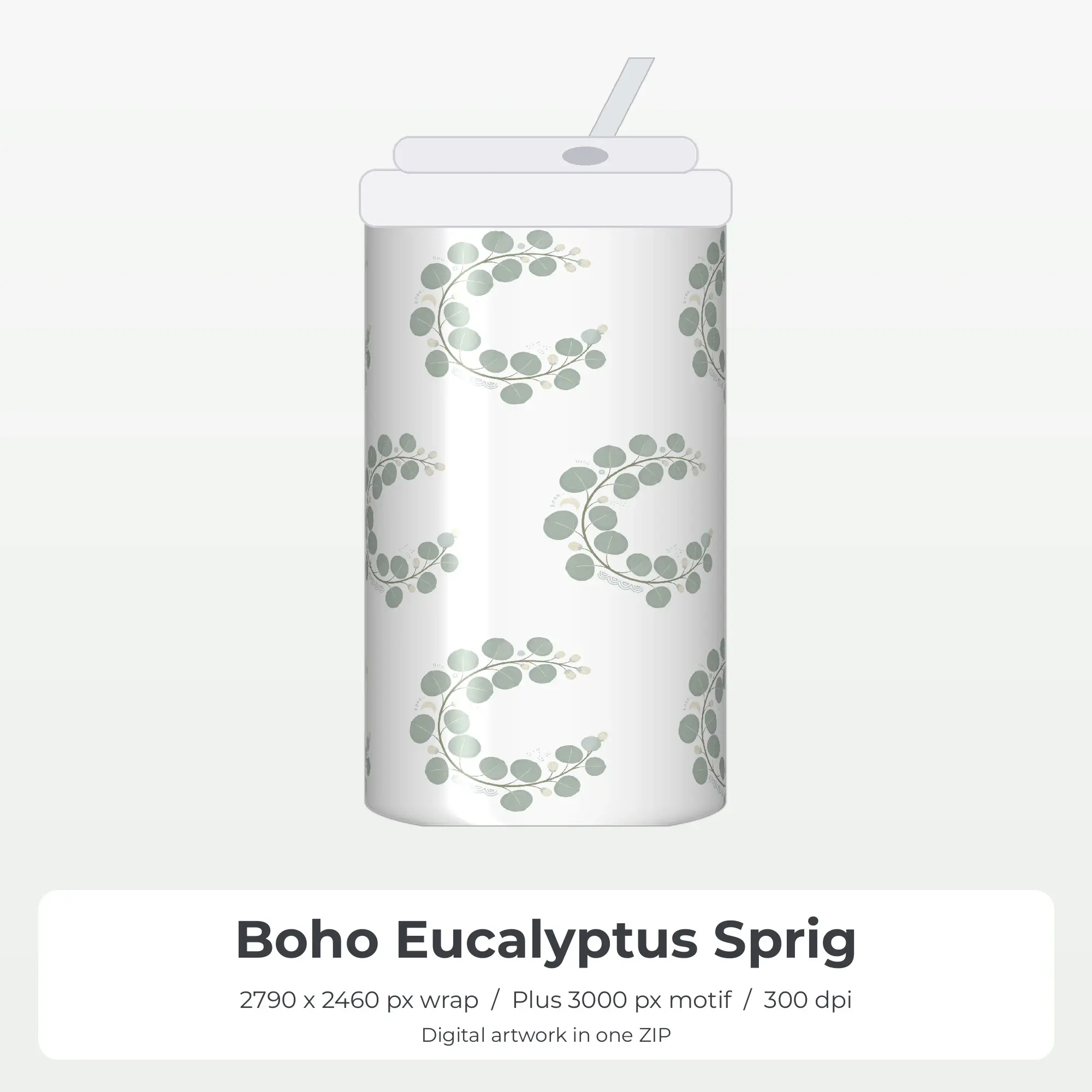 Boho Eucalyptus Sprig Tumbler PNG, Sublimation Wrap Design preview