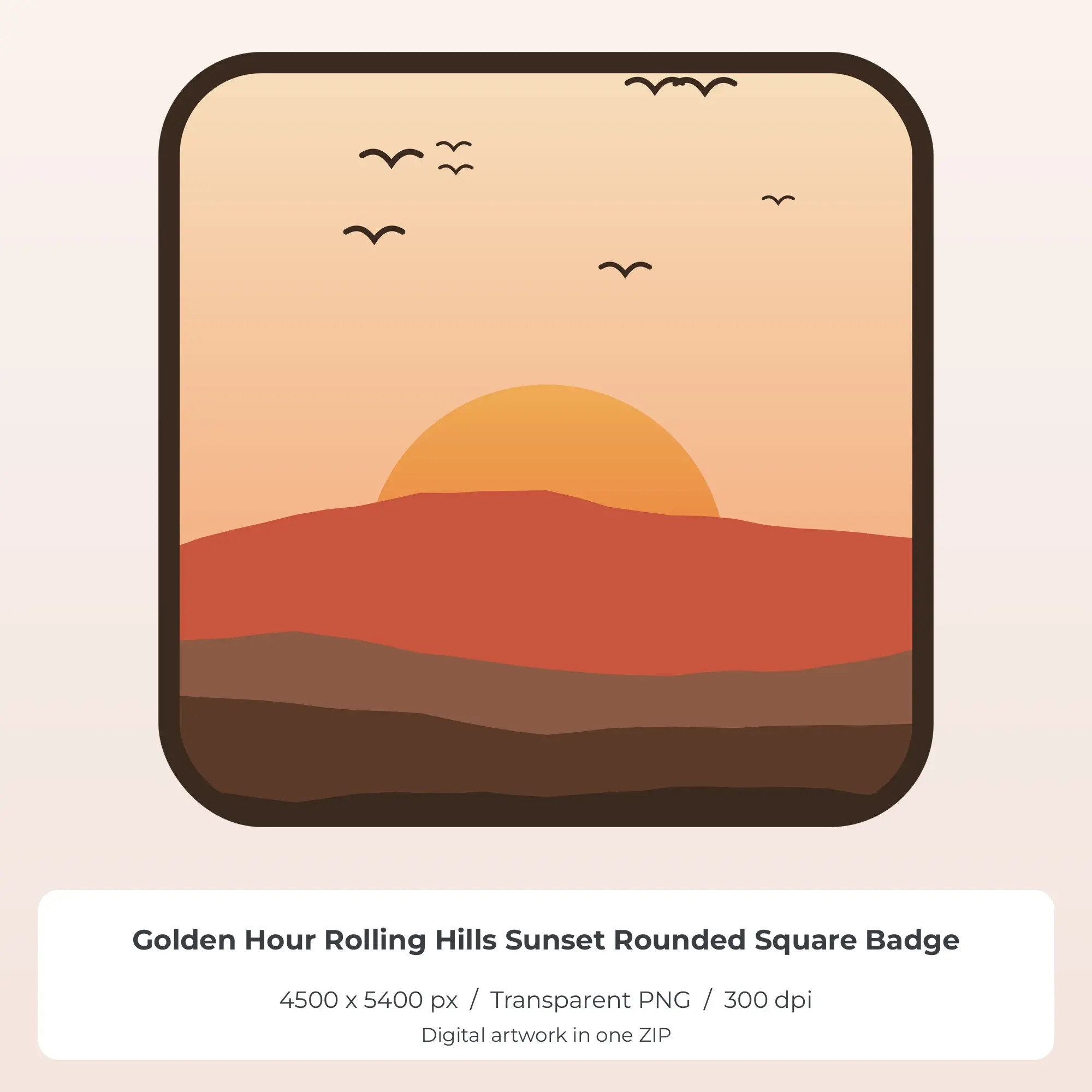 Golden Hour Rolling Hills Sunset Rounded Square Badge Sublimation PNG preview
