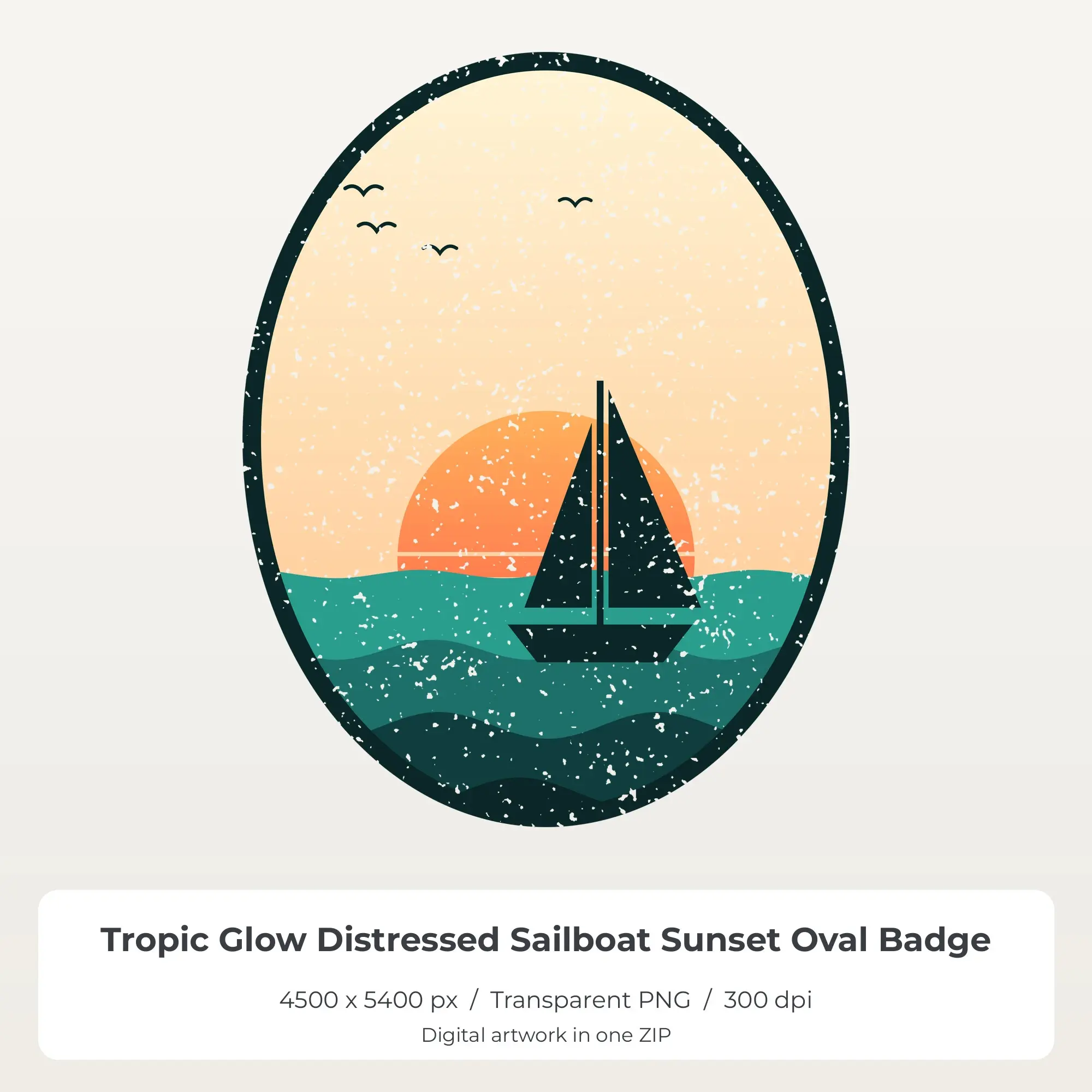 Tropic Glow Distressed Sailboat Sunset Oval Badge Sublimation PNG preview