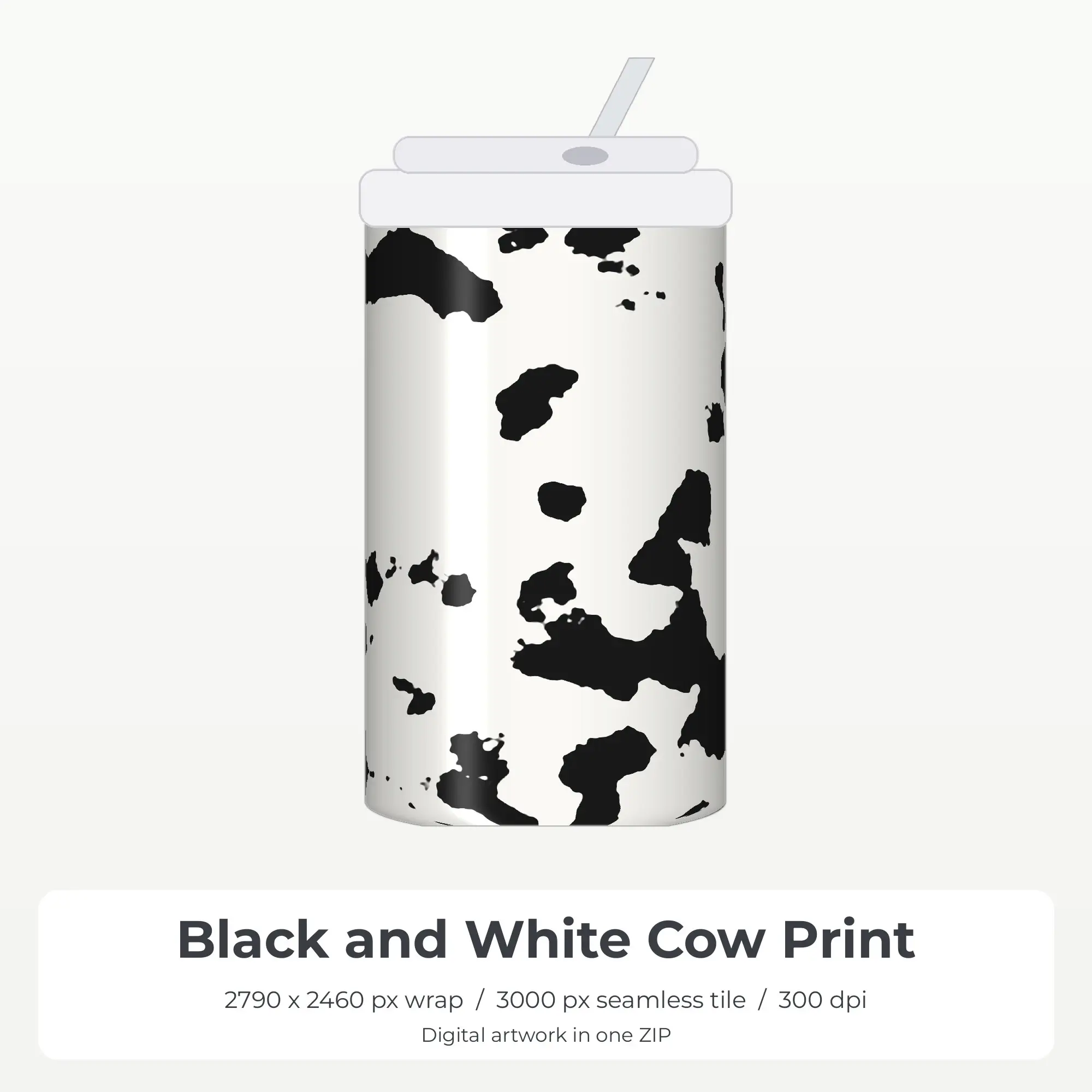 Black and White Cow Print Tumbler Wrap PNG, 20oz Sublimation preview