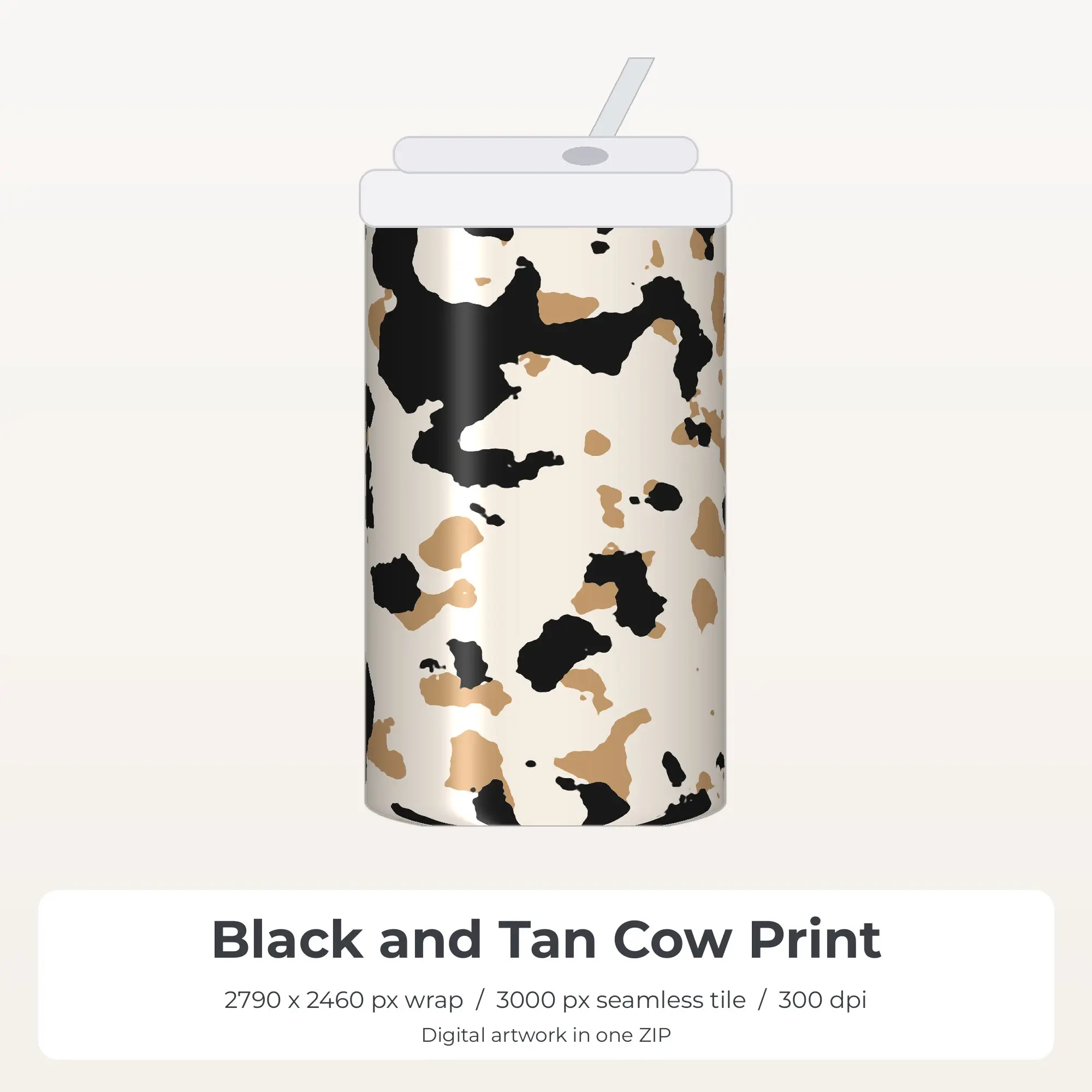 Black and Tan Cow Print Tumbler Wrap PNG, 20oz Sublimation preview