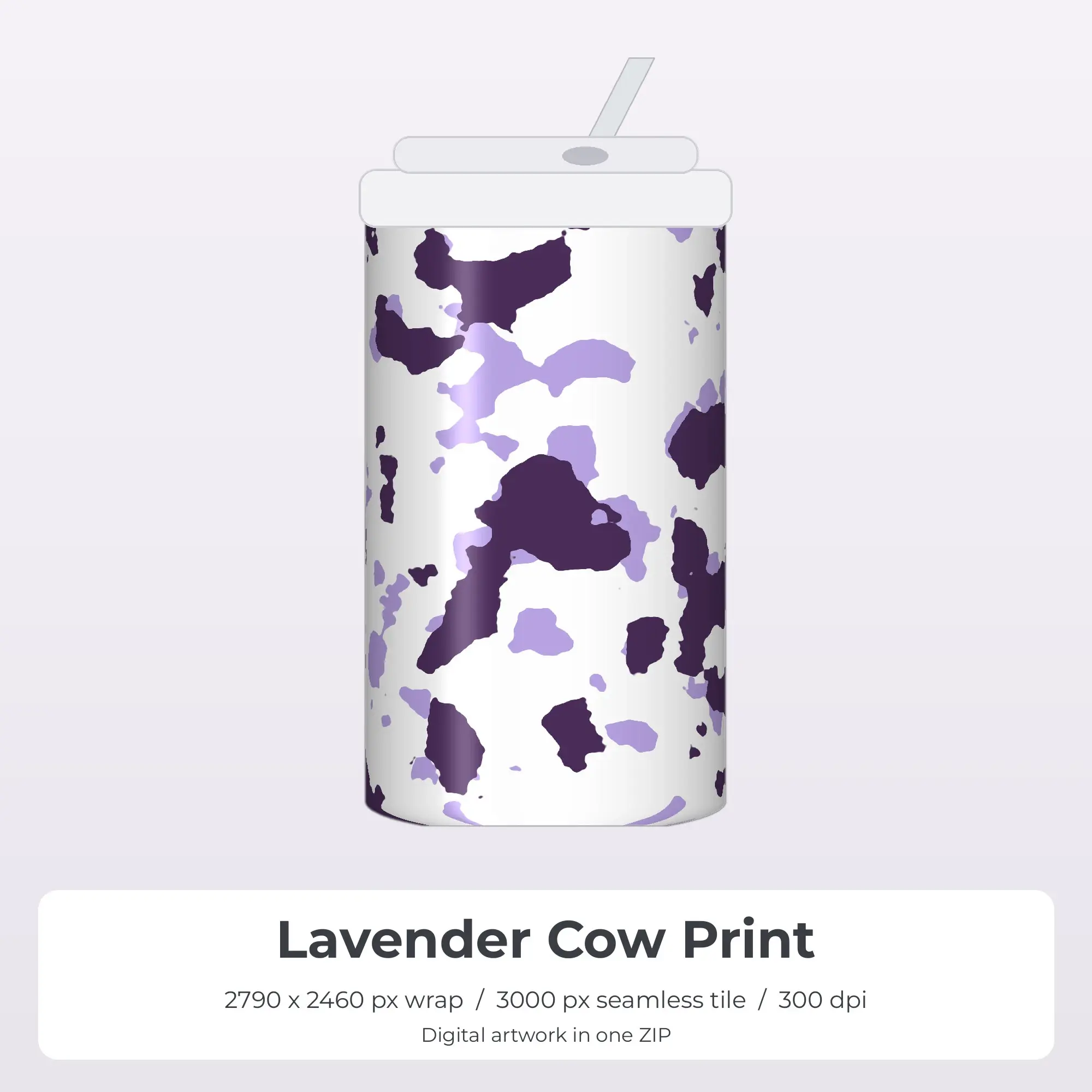 Lavender Cow Print Tumbler Wrap PNG, 20oz Sublimation preview