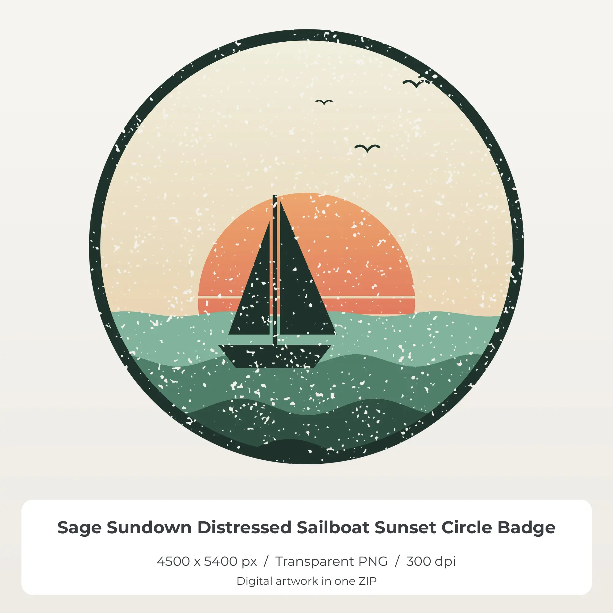 Sage Sundown Distressed Sailboat Sunset Circle Badge Sublimation PNG preview