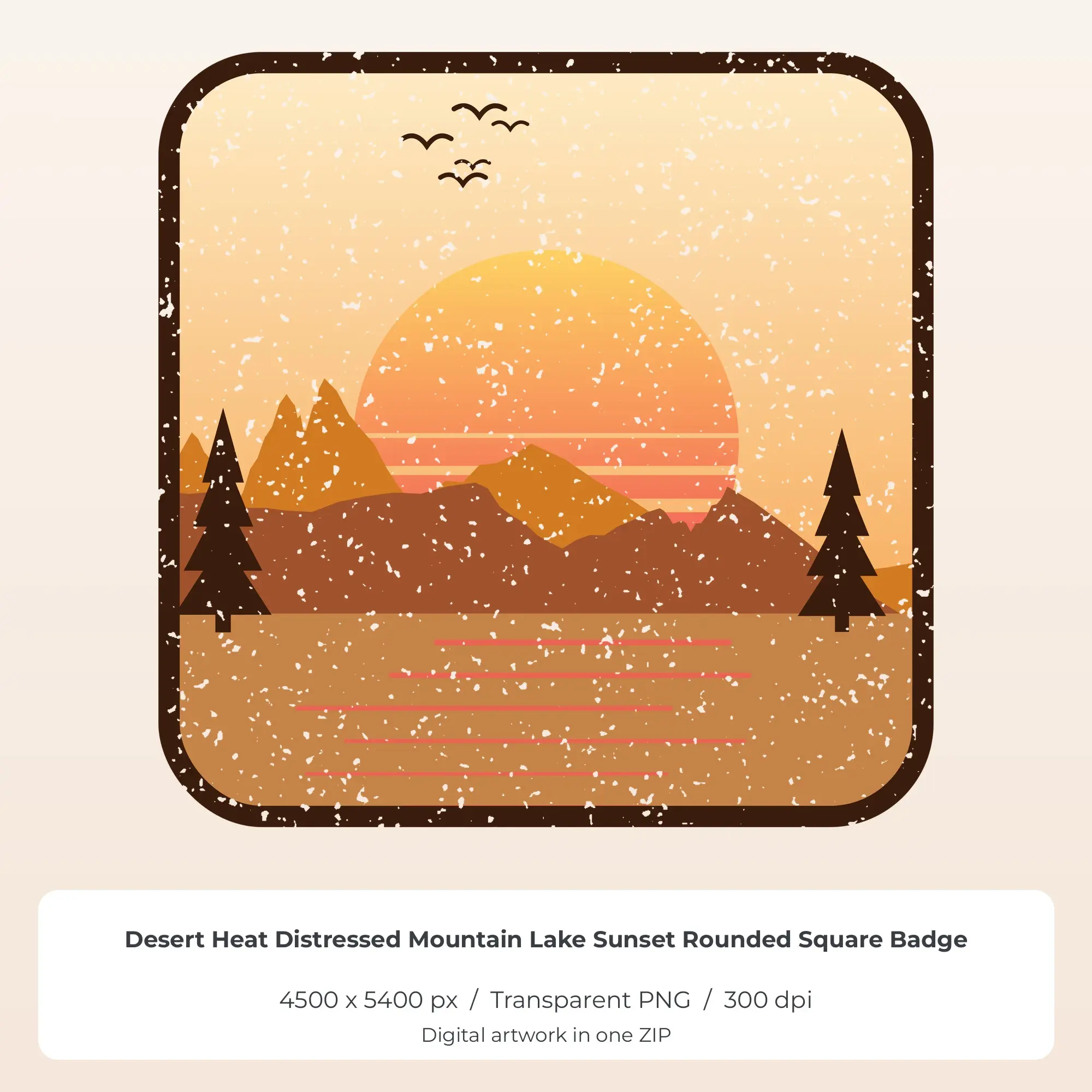 Desert Heat Distressed Mountain Lake Sunset Square Sublimation PNG preview