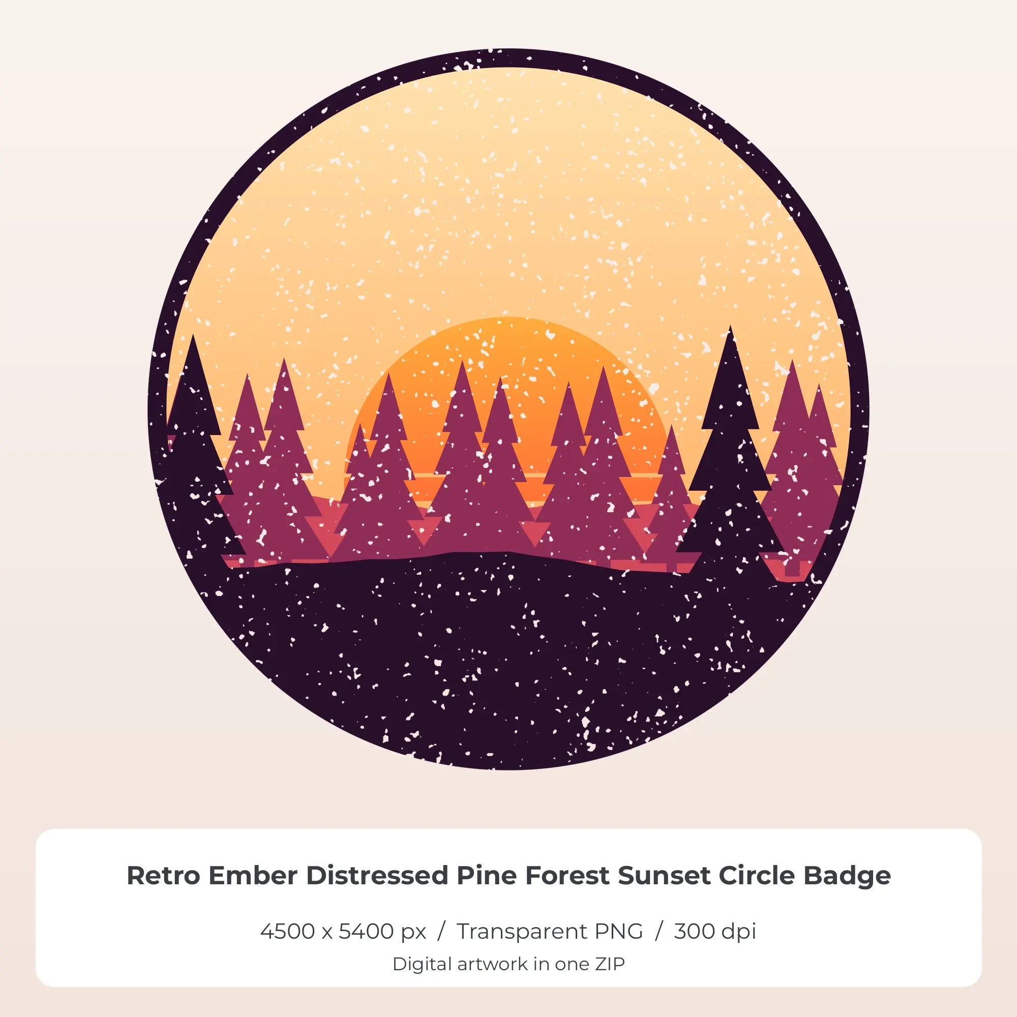 Retro Ember Distressed Pine Forest Sunset Circle Badge Sublimation PNG preview