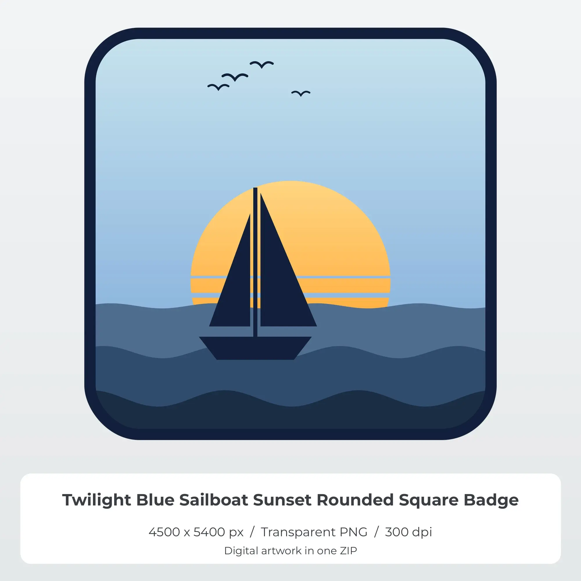 Twilight Blue Sailboat Sunset Rounded Square Badge Sublimation PNG preview