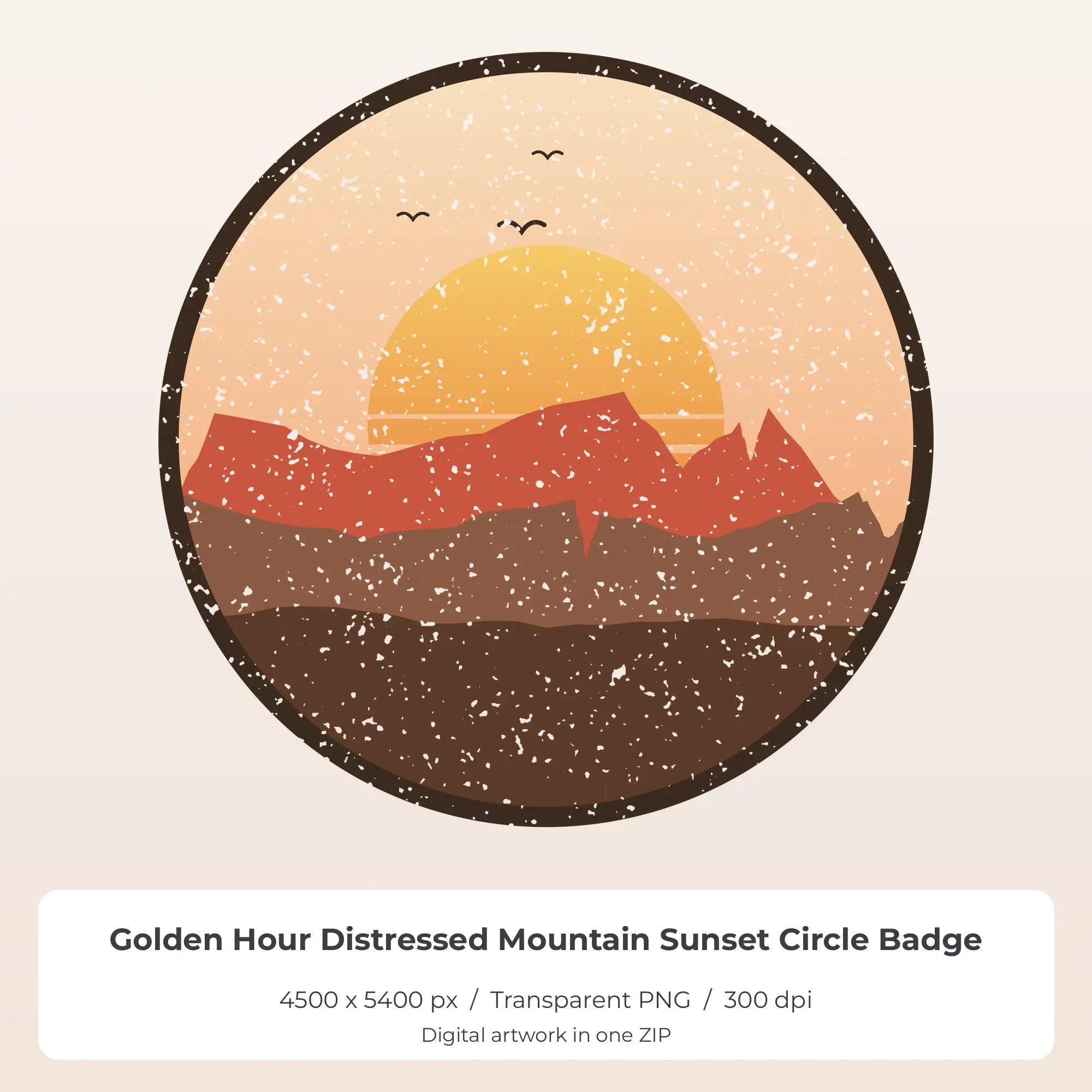 Golden Hour Distressed Mountain Sunset Circle Badge Sublimation PNG preview