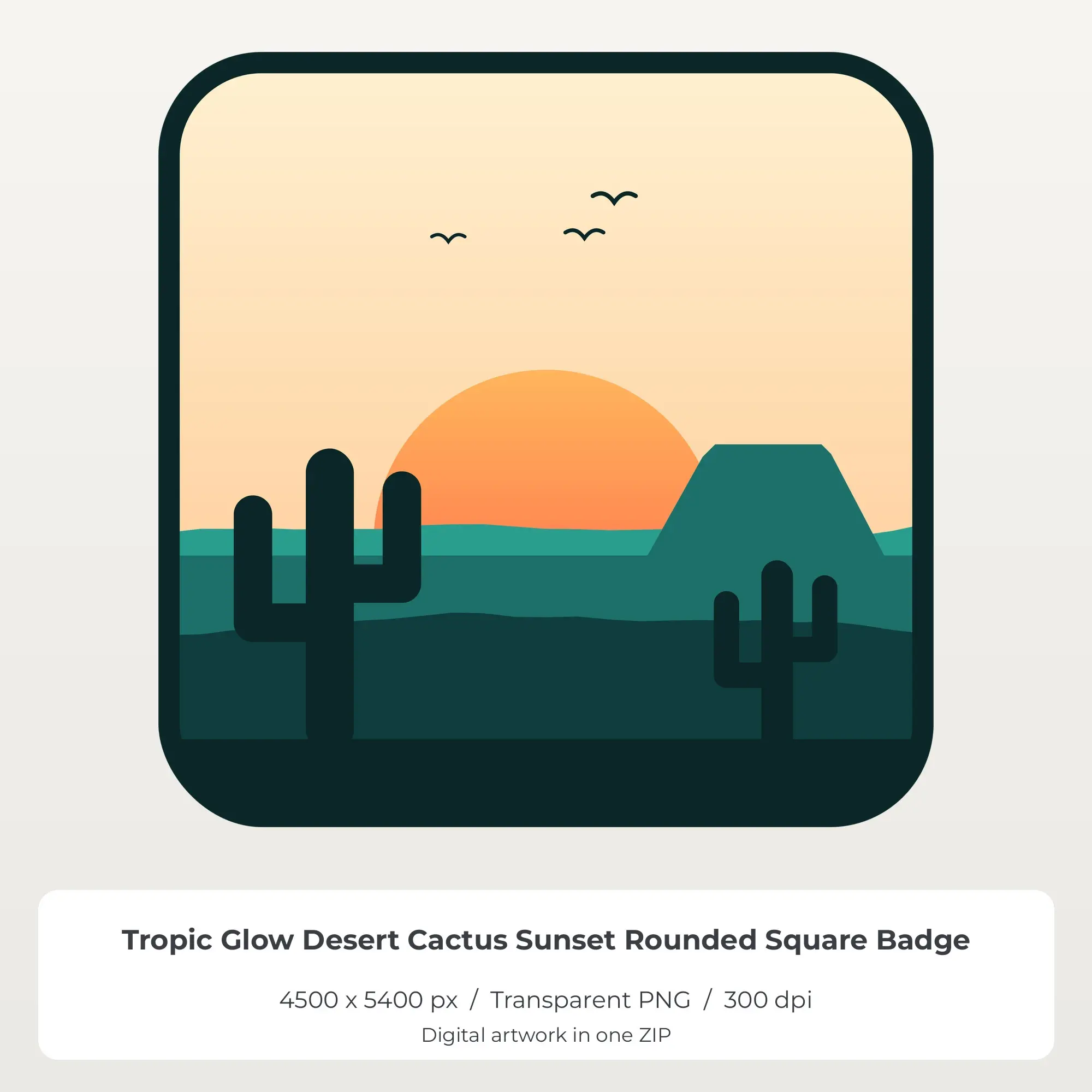Tropic Glow Desert Cactus Sunset Rounded Square Badge Sublimation PNG preview