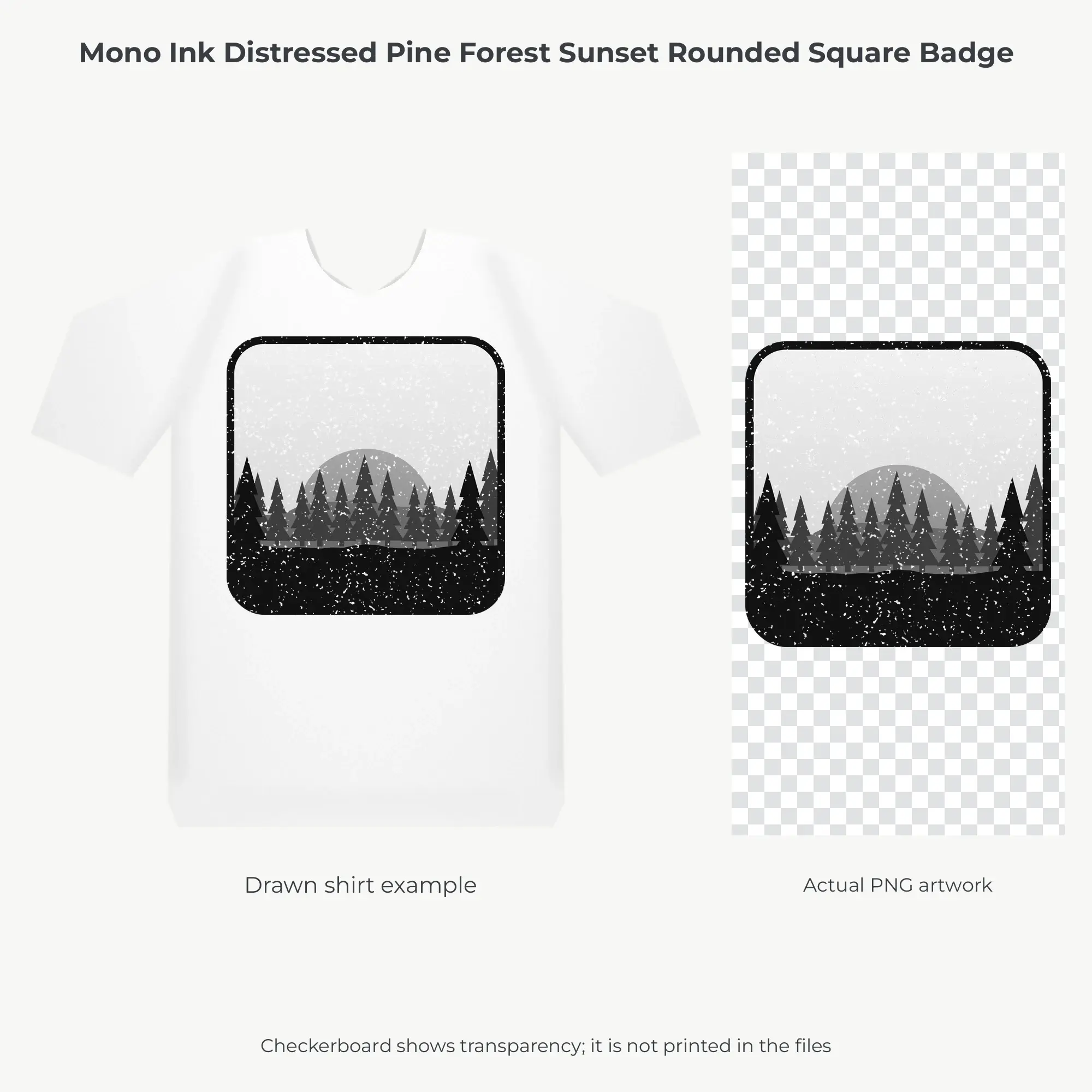 Mono Ink Distressed Pine Forest Sunset Square Sublimation PNG, preview 2 of 2