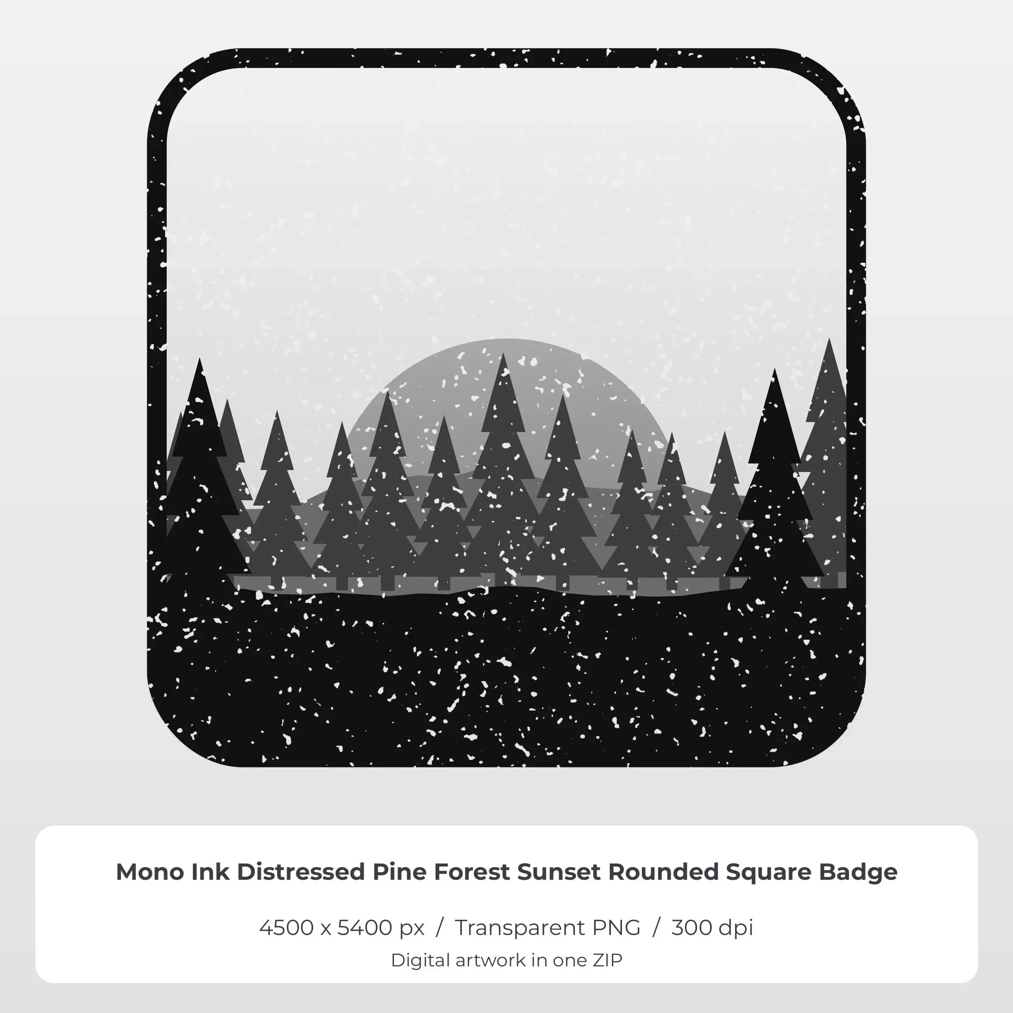Mono Ink Distressed Pine Forest Sunset Square Sublimation PNG, preview 1 of 2