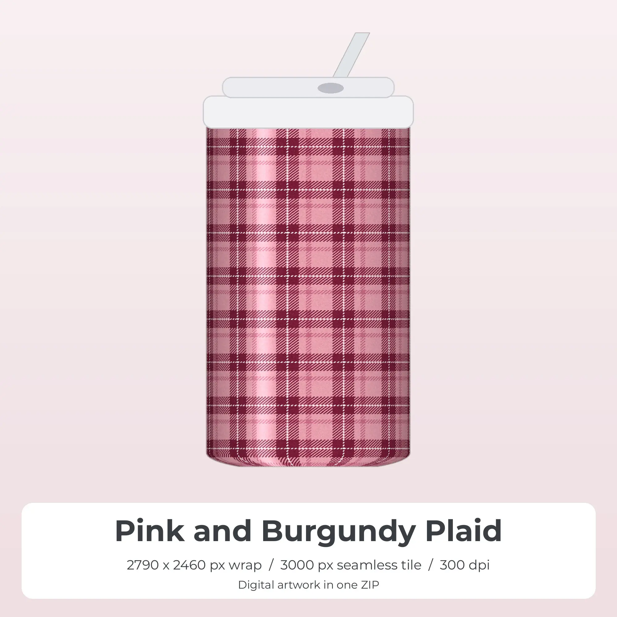 Pink and Burgundy Plaid Tumbler Wrap PNG, 20oz Sublimation, preview 1 of 2