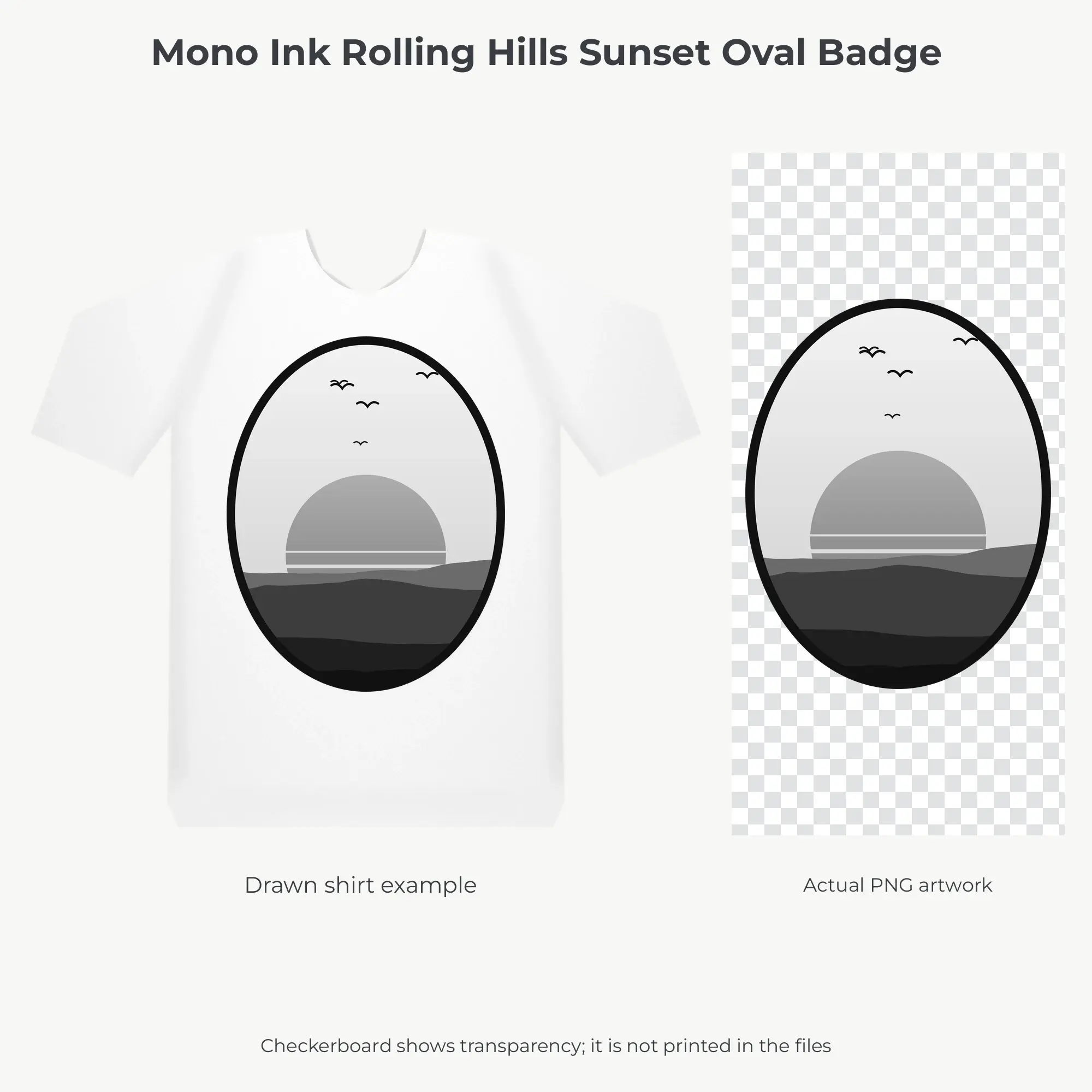 Mono Ink Rolling Hills Sunset Oval Badge Sublimation PNG for Shirts, preview 2 of 2