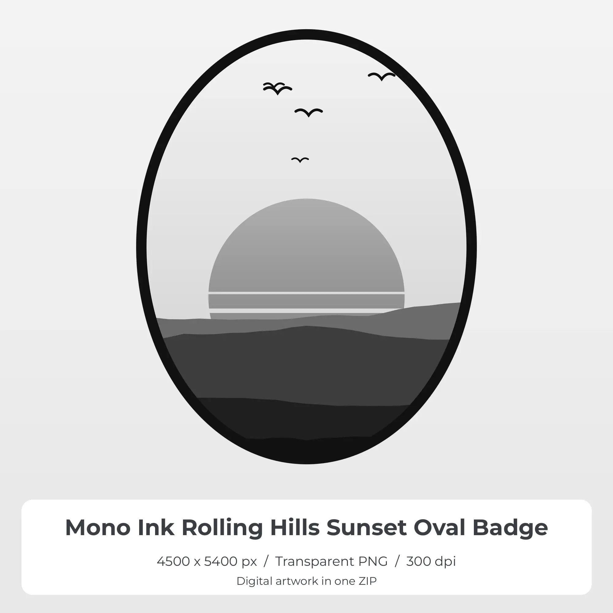 Mono Ink Rolling Hills Sunset Oval Badge Sublimation PNG for Shirts, preview 1 of 2