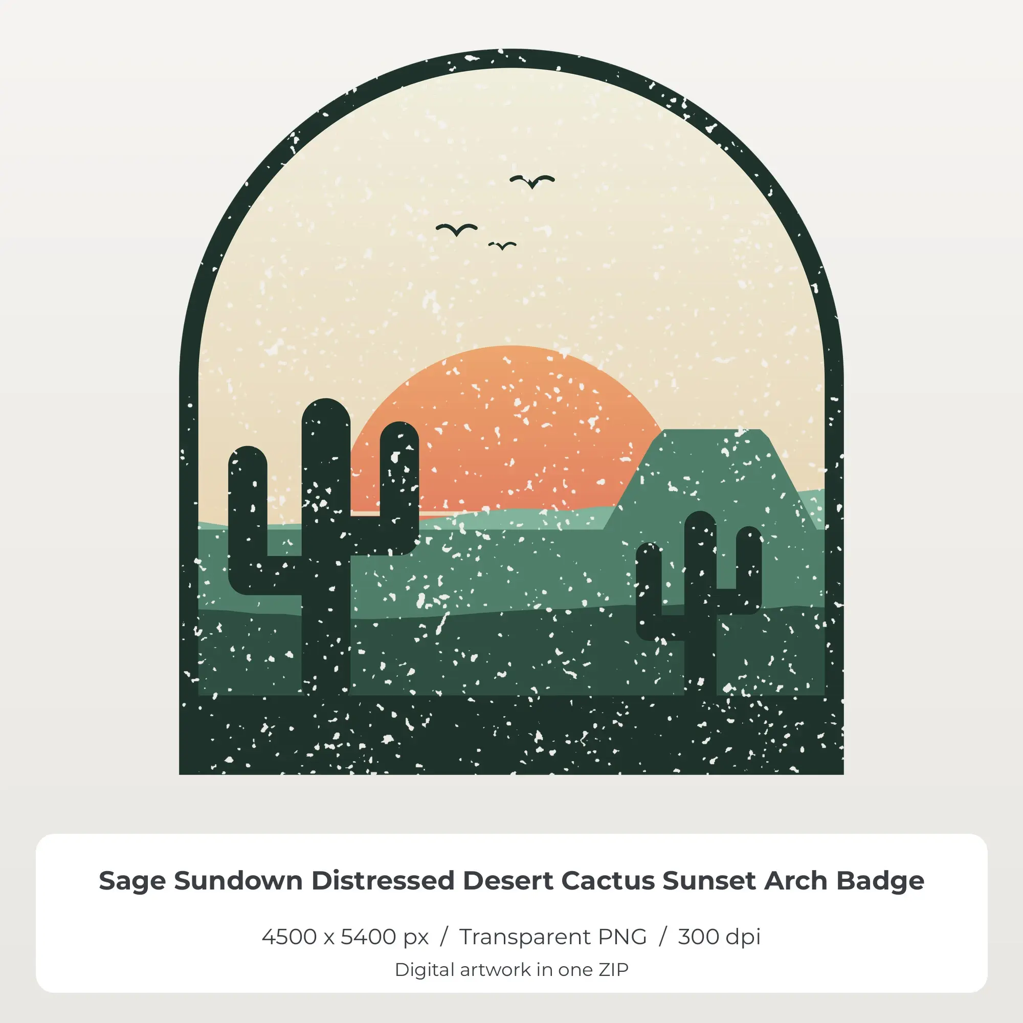 Sage Sundown Distressed Desert Cactus Sunset Arch Sublimation PNG preview