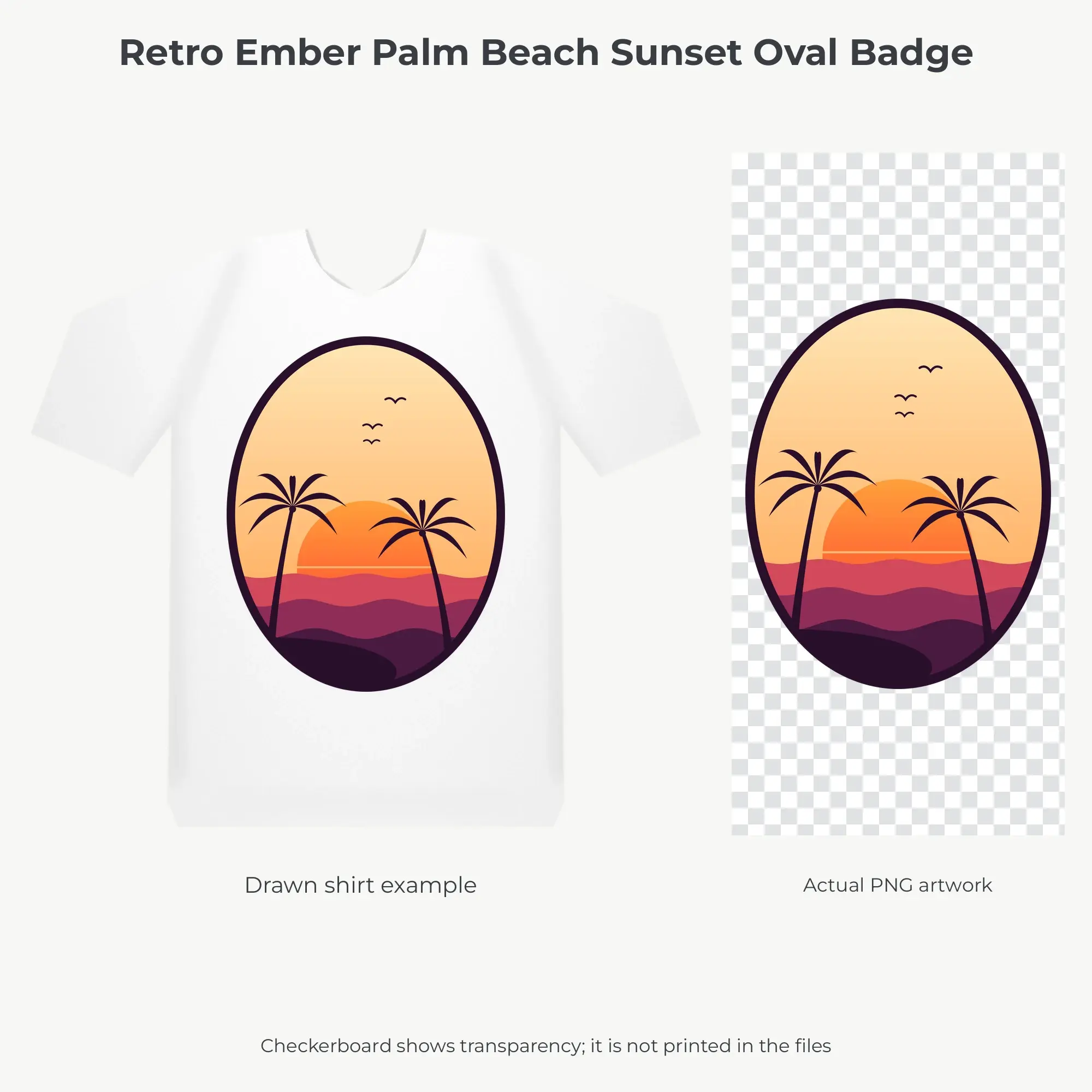 Retro Ember Palm Beach Sunset Oval Badge Sublimation PNG for Shirts, preview 2 of 2