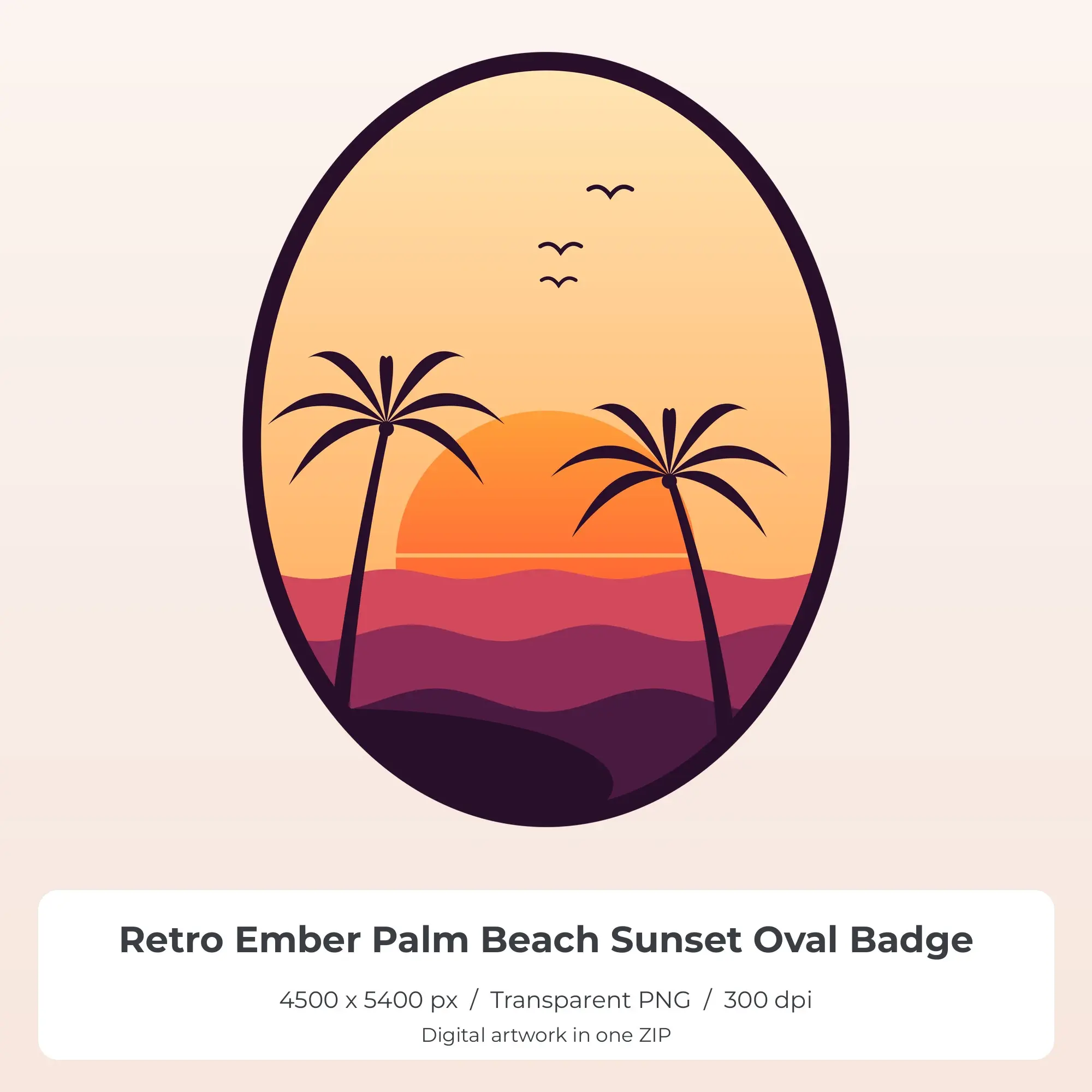 Retro Ember Palm Beach Sunset Oval Badge Sublimation PNG for Shirts, preview 1 of 2