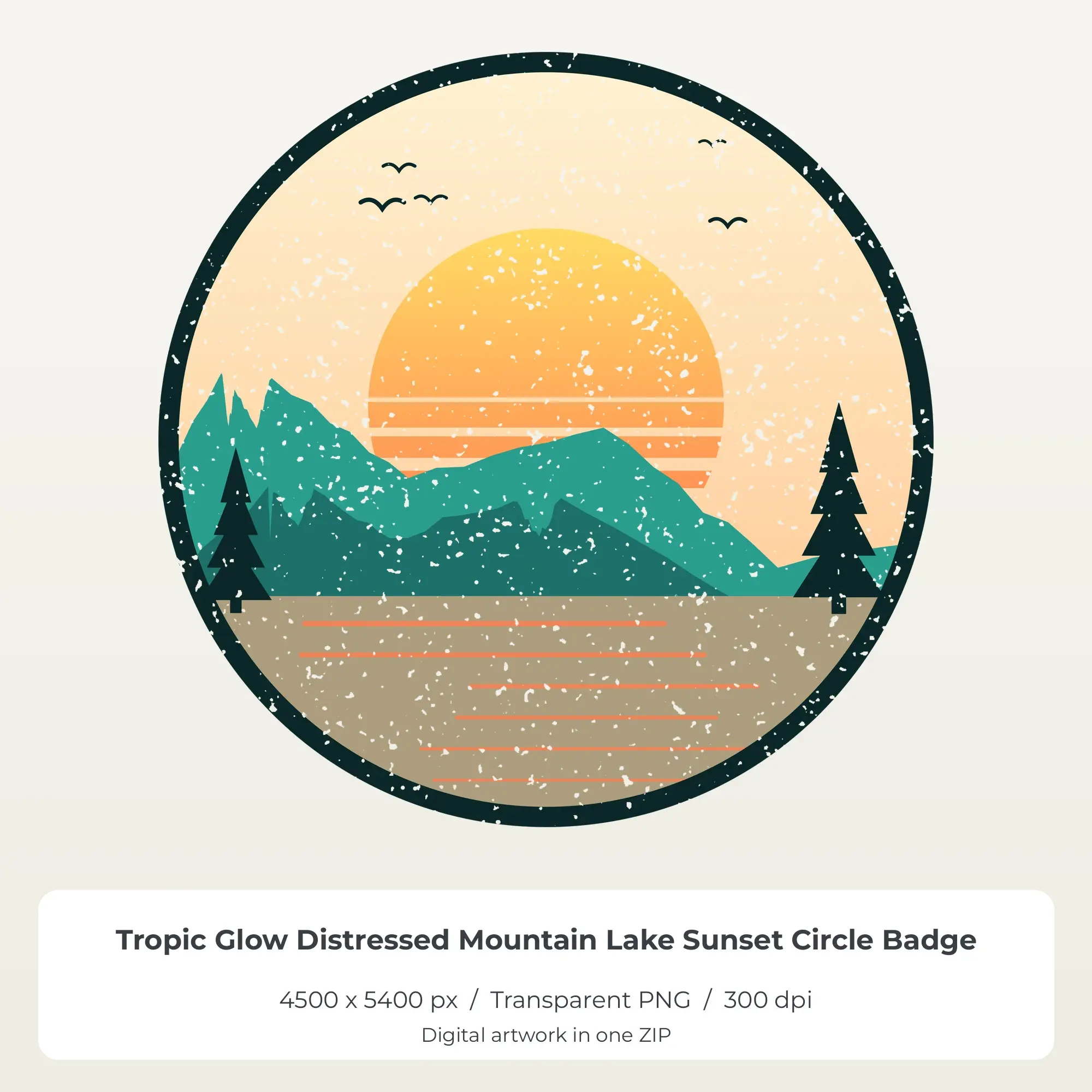 Tropic Glow Distressed Mountain Lake Sunset Circle Sublimation PNG preview