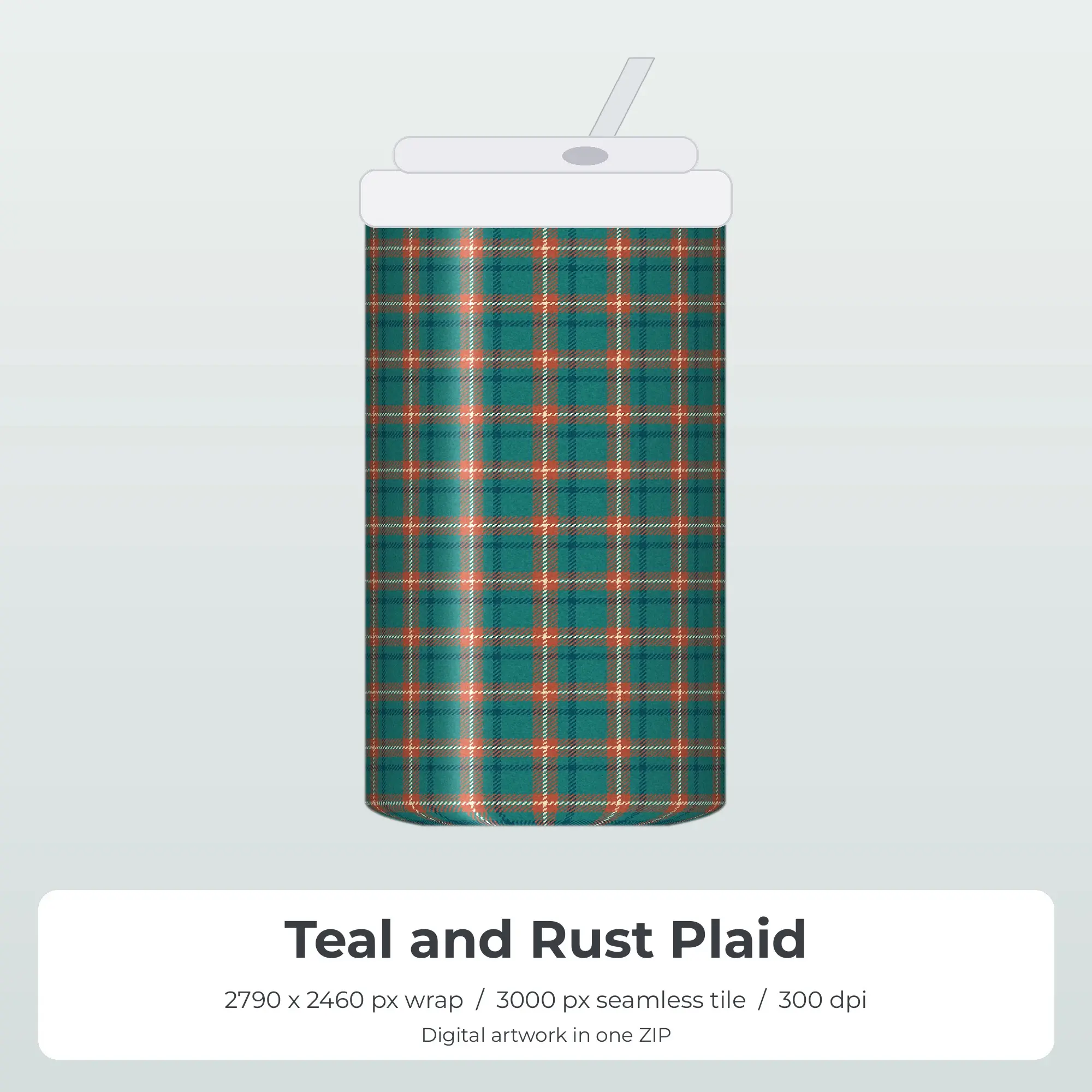 Teal and Rust Plaid Tumbler Wrap PNG, 20oz Sublimation preview