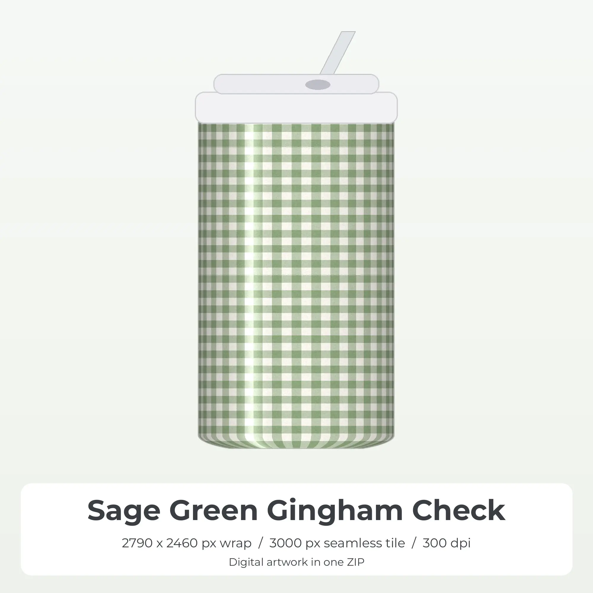 Sage Green Gingham Check Tumbler Wrap PNG, 20oz Sublimation preview