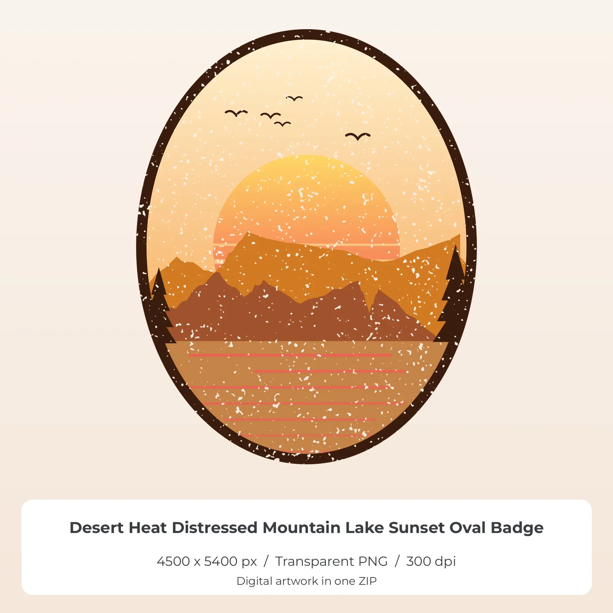 Desert Heat Distressed Mountain Lake Sunset Oval Badge Sublimation PNG preview