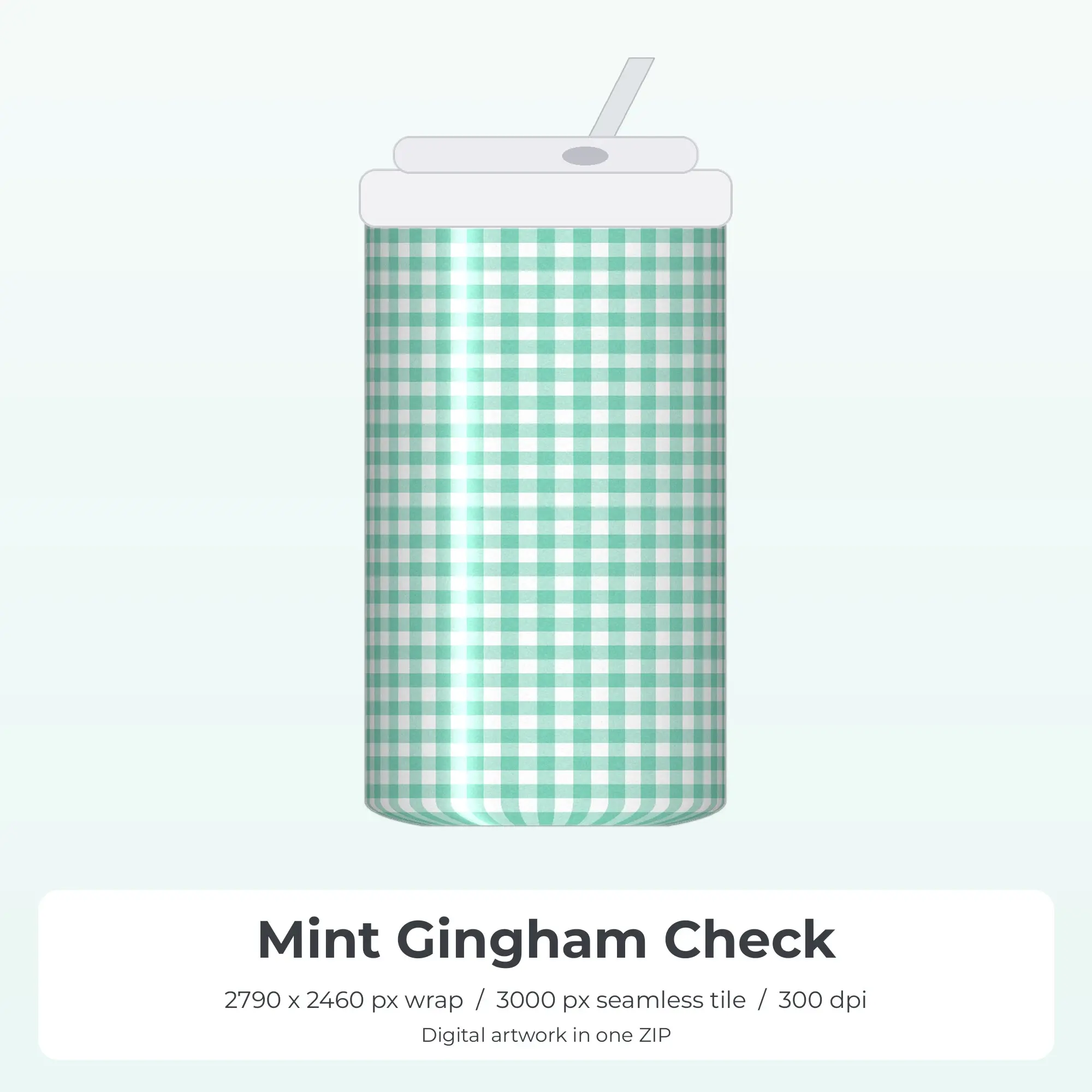 Mint Gingham Check Tumbler Wrap PNG, 20oz Sublimation preview