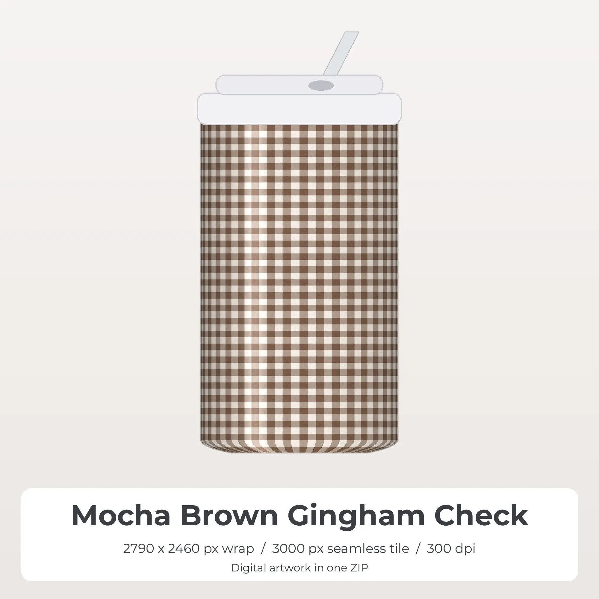 Mocha Brown Gingham Check Tumbler Wrap PNG, 20oz Sublimation preview