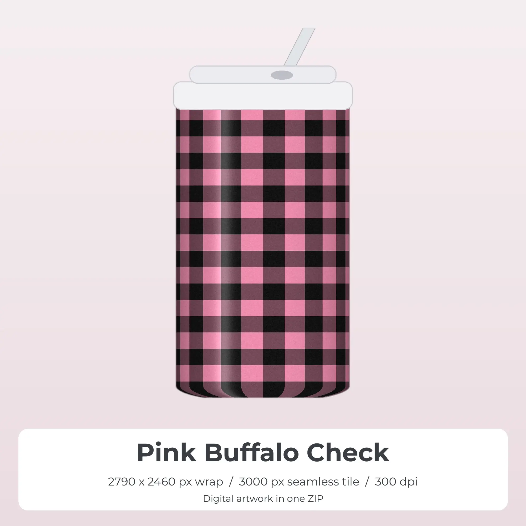 Pink Buffalo Check Tumbler Wrap PNG, 20oz Sublimation, preview 1 of 2