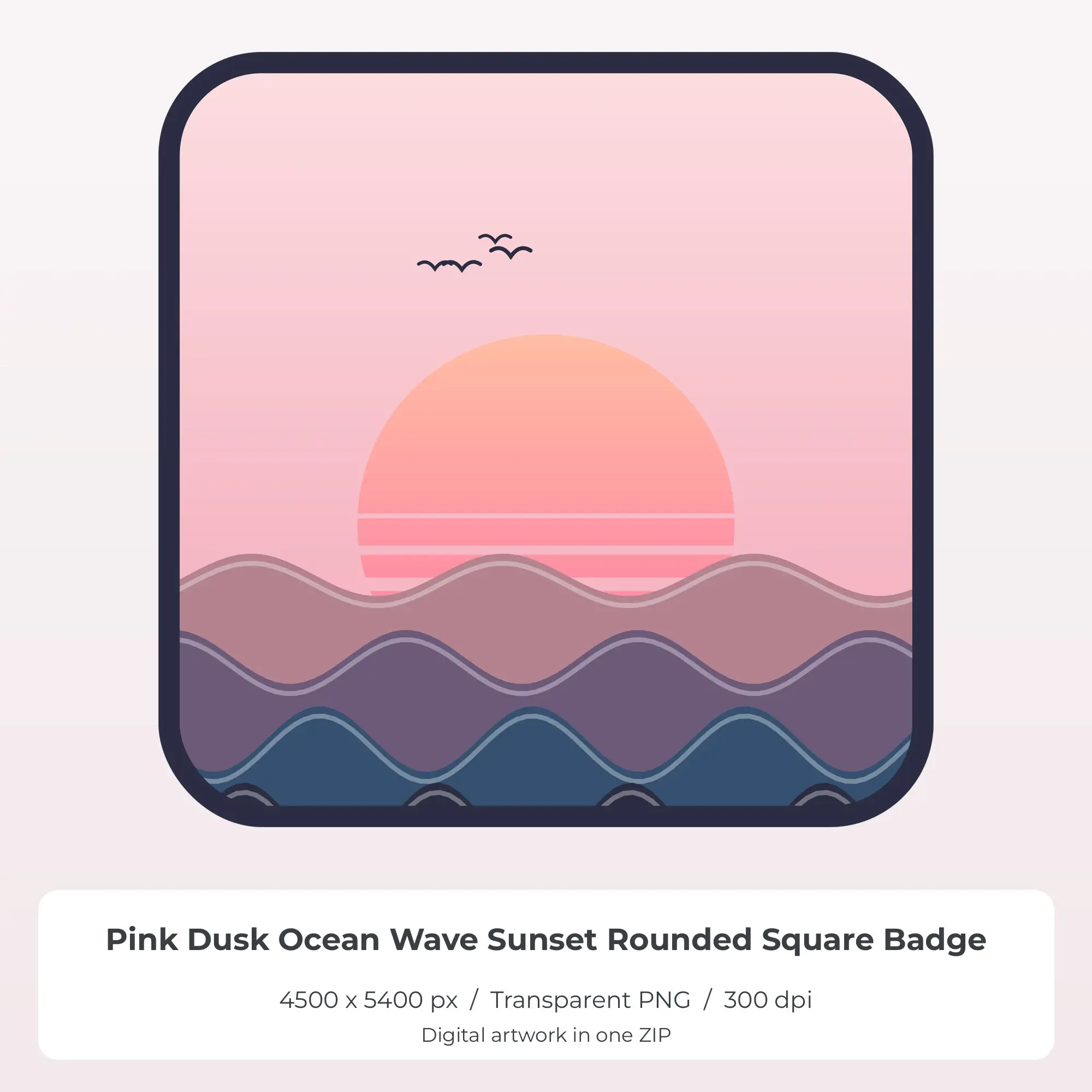 Pink Dusk Ocean Wave Sunset Rounded Square Badge Sublimation PNG preview