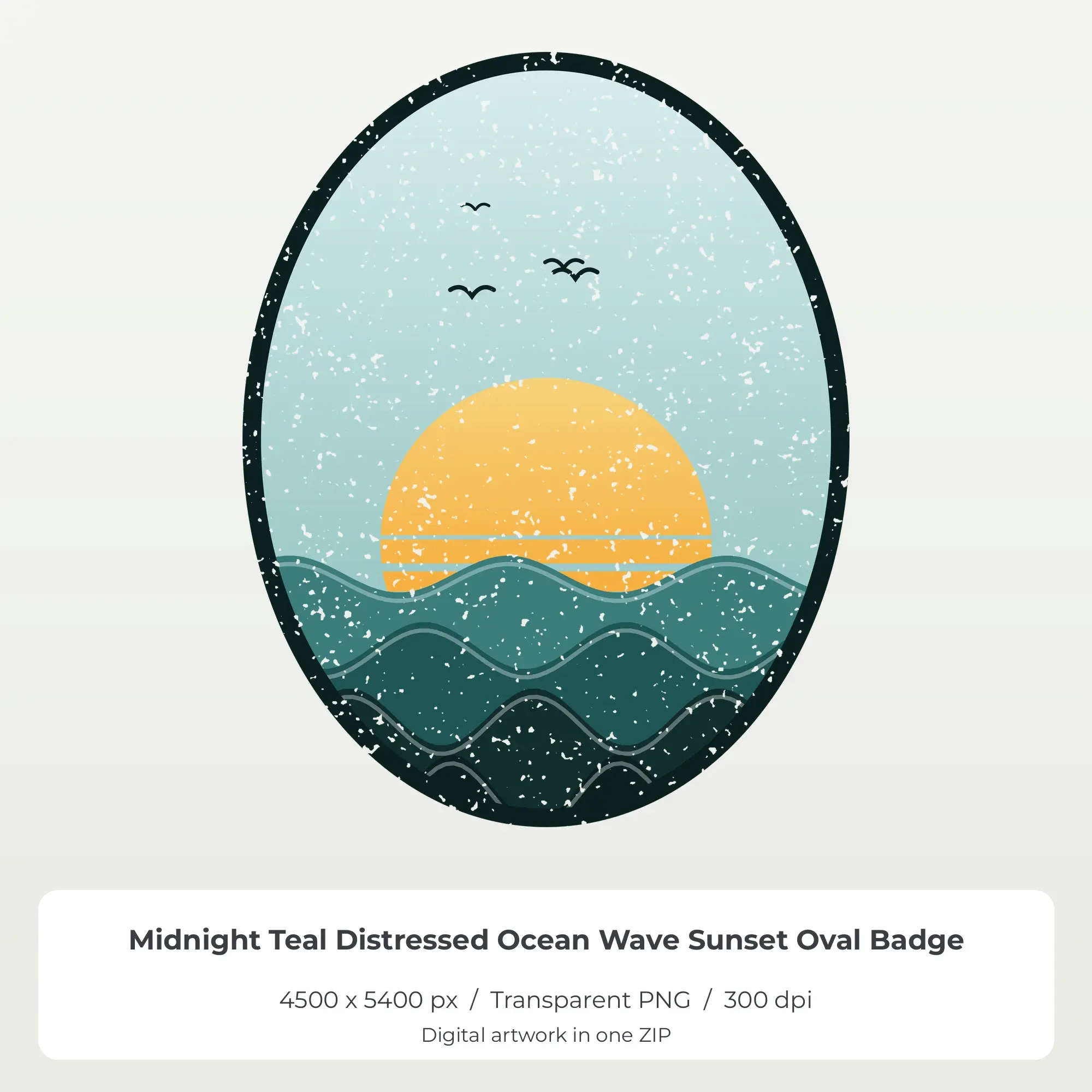 Midnight Teal Distressed Ocean Wave Sunset Oval Badge Sublimation PNG preview